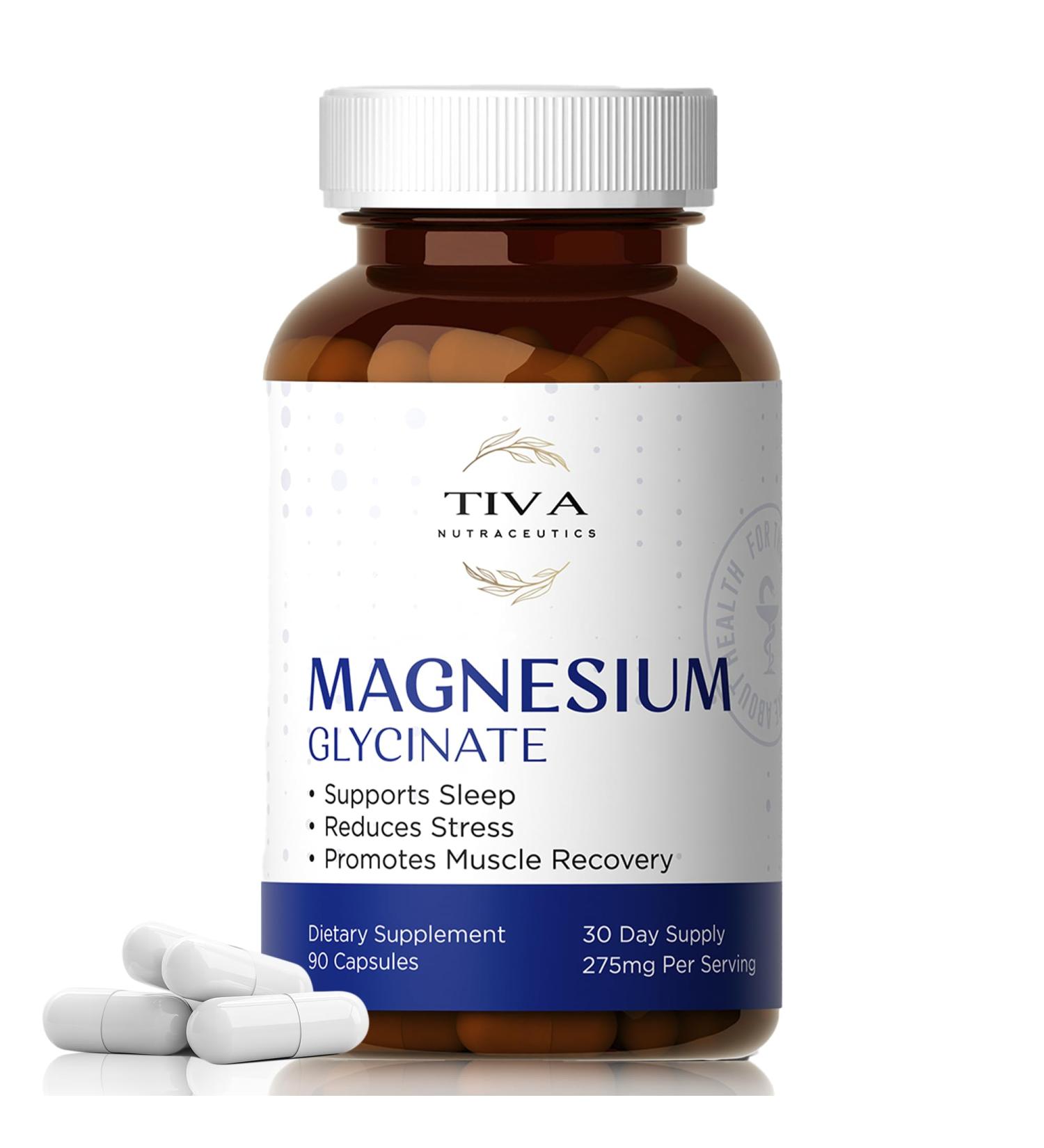 TIVA Nutraceutics Magnesium Glycinate Gentle & Highly Absorbable Magnesium for Sleep Muscle Relaxation & Heart Health | Chelated Magnesium Complex for Energy & Bone Support | 90 Capsules - Buy Online on GoSupps.com
