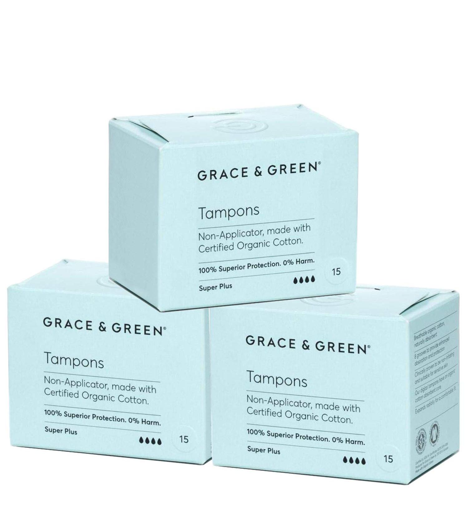 Grace & Green Organic Non-Applicator Super Plus Tampons - 45 Count | Made with Organic Cotton | Plastic-Free - Buy Online on GoSupps.com