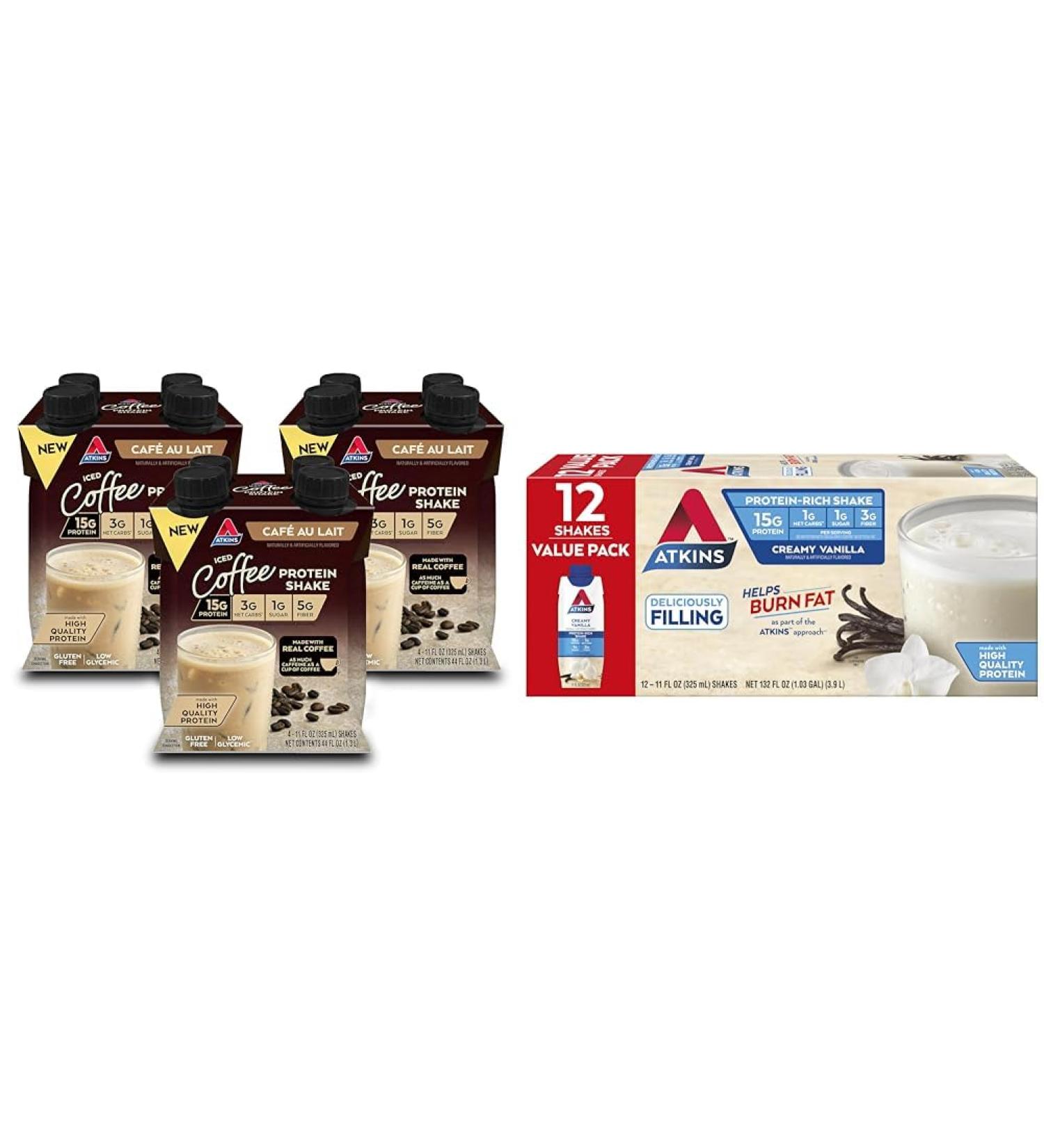 Atkins Caf au Lait Iced Coffee Protein Shake 15g Protein Low Glycemic & Creamy Vanilla Protein Shake 15g Protein Low Glycemic 2g Net Carb 1g Sugar Keto Friendly 12 Count - Buy Online on GoSupps.com