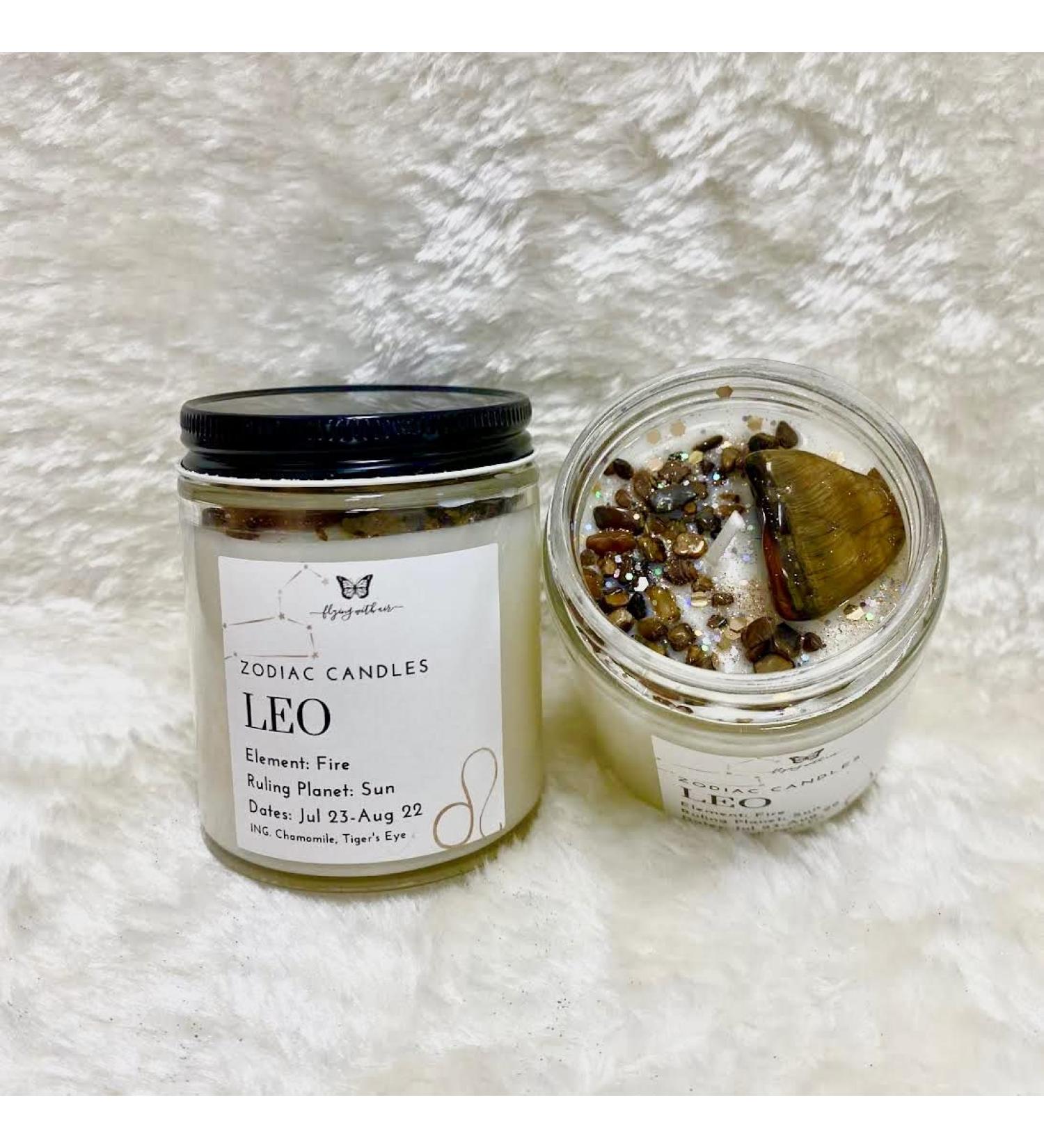 6 Oz Leo Crystal Candle | Aromatherapy Stress Relief | Astrology Vegan Gemstone Soy Candle - Shop Internationally - Buy Online on GoSupps.com