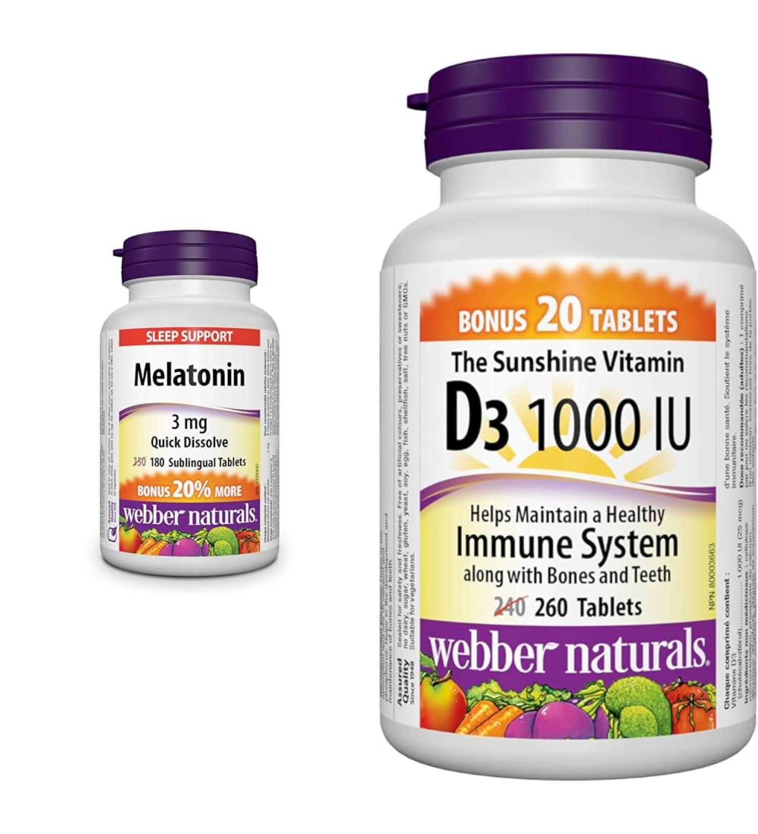 Webber Naturals Melatonin 3 mg 180 Quick Dissolve Tablets For Sleep Support Vegetarian & Vitamin D3 1000 IU 260 Tablets For Healthy Bones Teeth and the Maintenance of Good Health - Buy Online on GoSupps.com