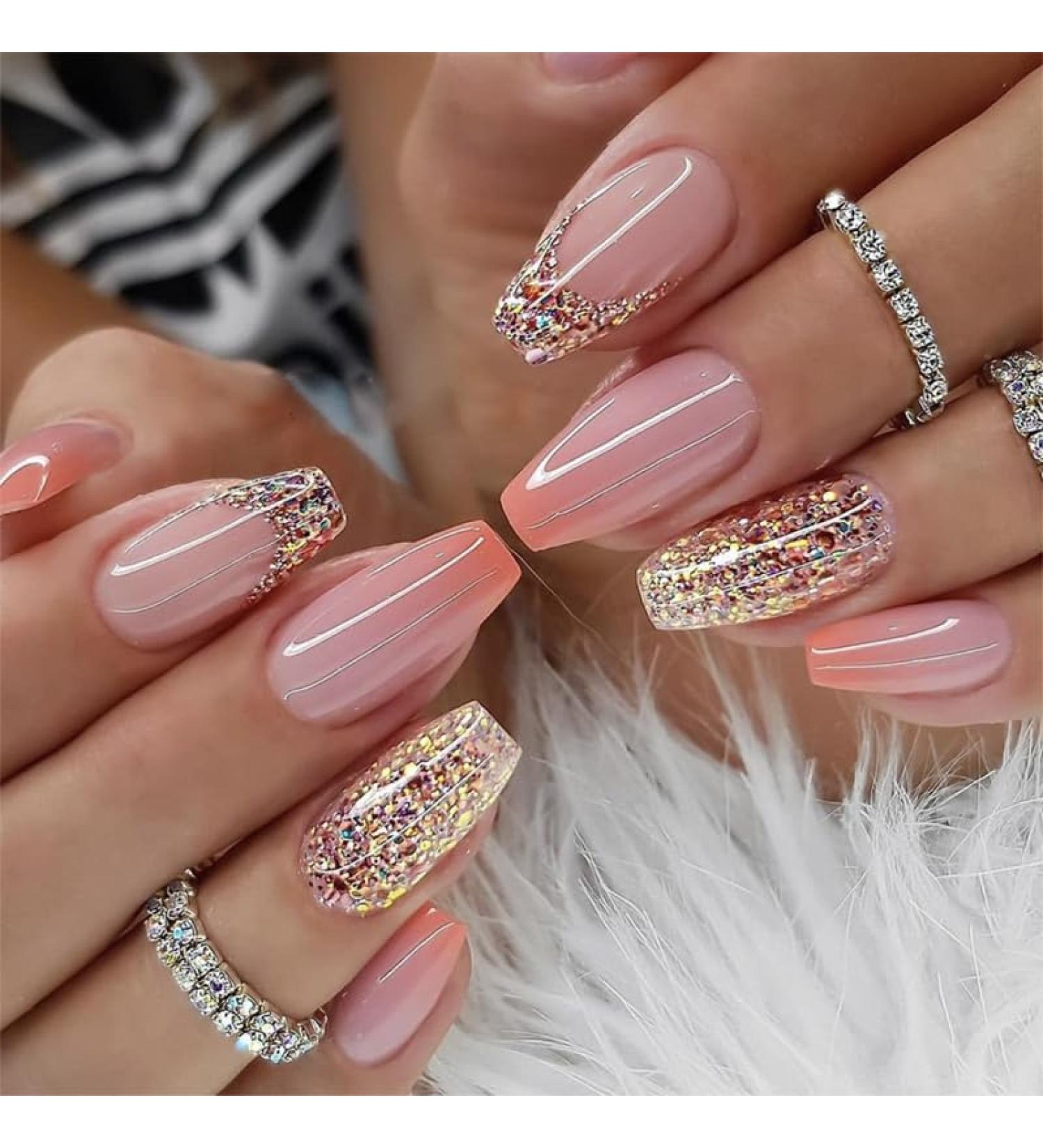 Orange Ombre Press On Nails - Short Medium Coffin Fake Nails with Glitter | 24Pcs Acrylic Ballerina False Nails for Women & Girls - Perfect for Weddings - Buy Online on GoSupps.com