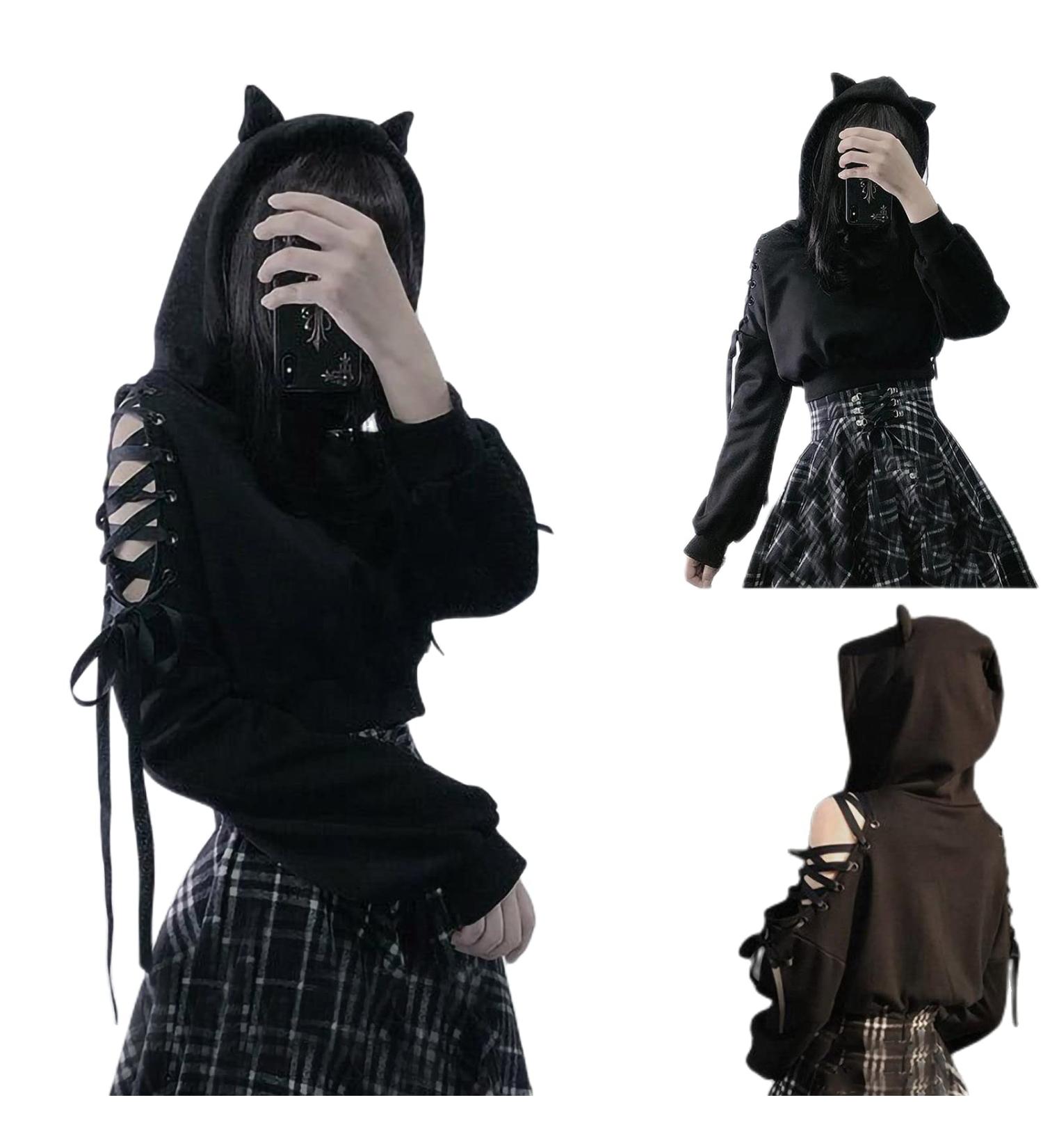 Y2K Cat Ear Hoodie for Teen Girls | Long Sleeve Gothic Off Shoulder Sweatshirt | Black XX-Large - Buy Online on GoSupps.com