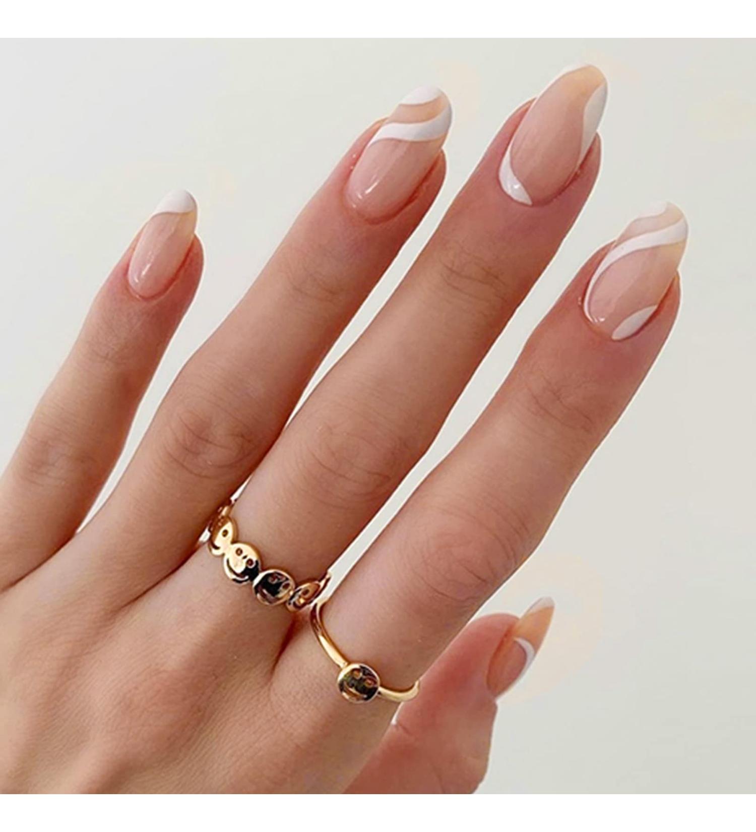 24Pcs Almond False Nails: Elegant French White Stiletto Press on Nails with Wavy Pattern - Removable Nude Design for Women & Girls - Buy Online on GoSupps.com