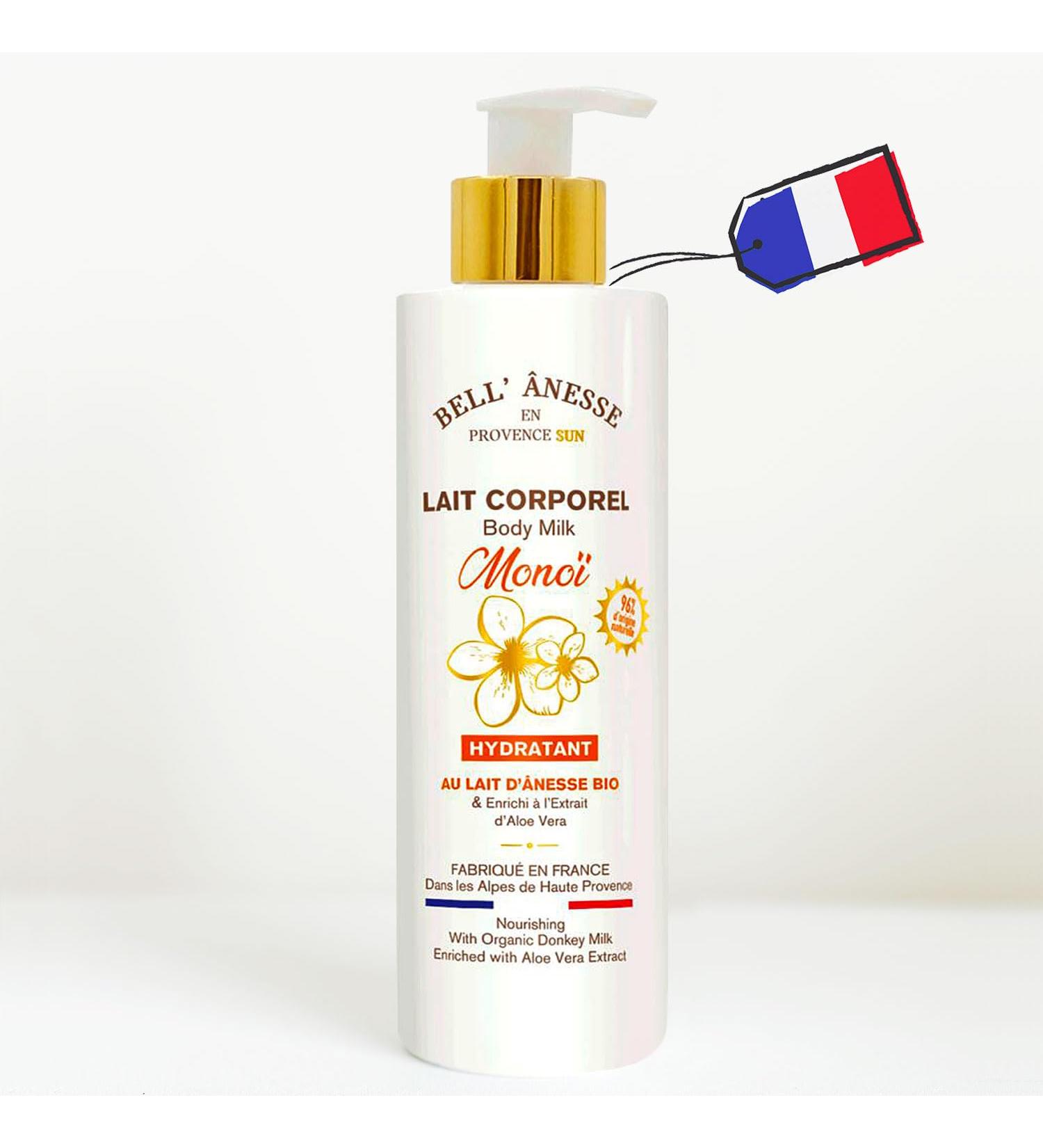Monoi moisturizing body lotion with fresh organic donkey milk + aloe vera. Made in France. All skin types. Pump bottle 250 ml