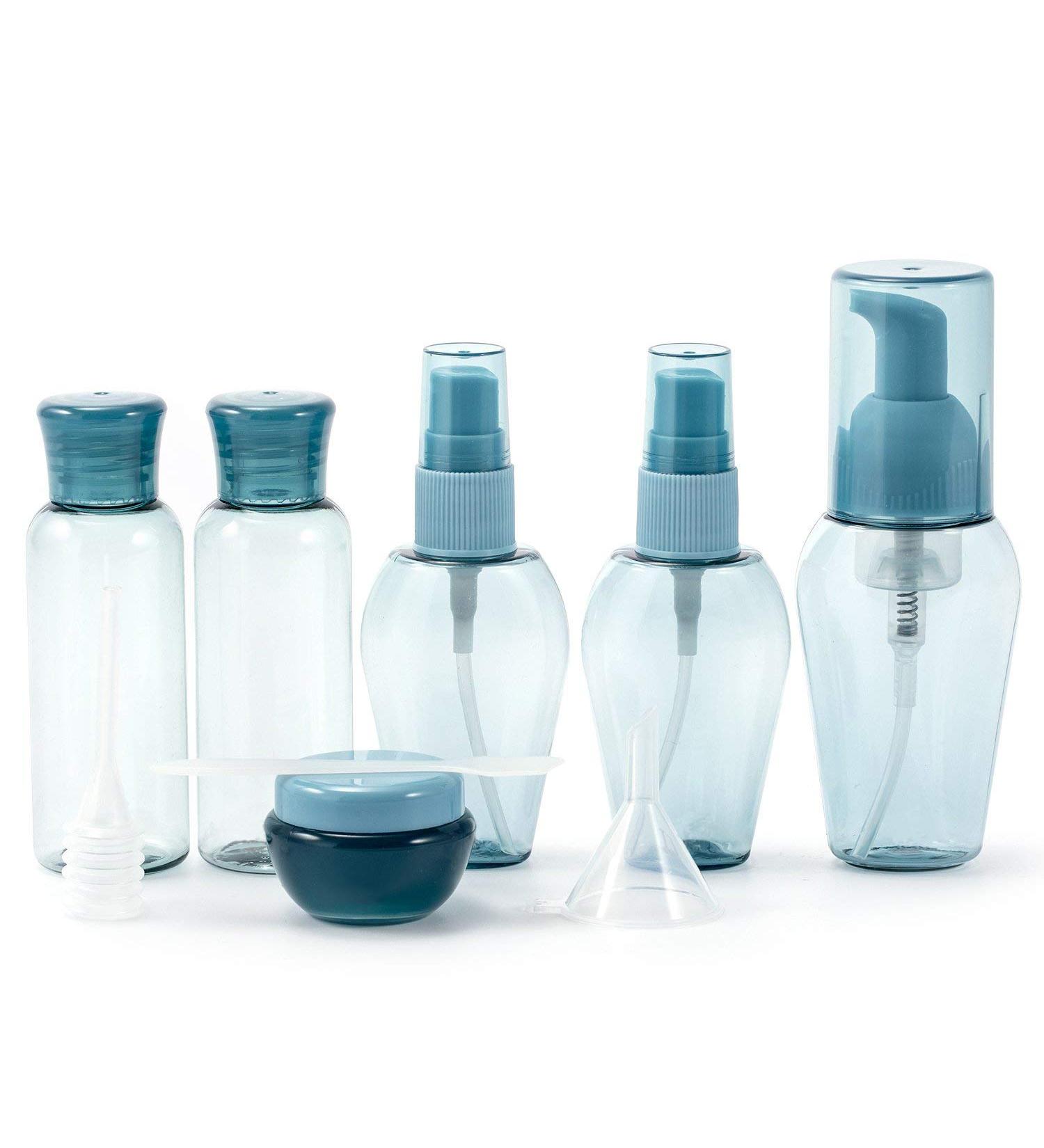 Rintal ZKSM Travel Bottles Set - 6 Empty Cosmetic Containers with Labels Funnel & Straw for Liquids - Perfect for Water & Emulsions (Blue & Transparent) - Buy Online on GoSupps.com