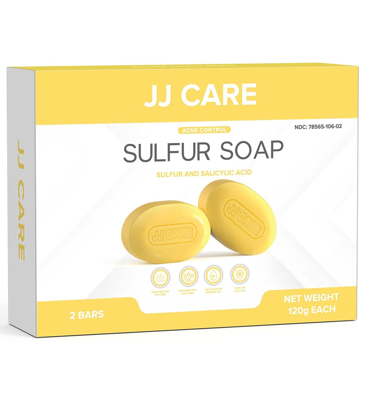 JJ CARE Sulfur Soap for Acne - Pack of 2, 10% Natural Volcanic Sulphur with 3% Salicylic Acid - Lavender Essential Oil, 4 oz Bar - Buy Online on GoSupps.com