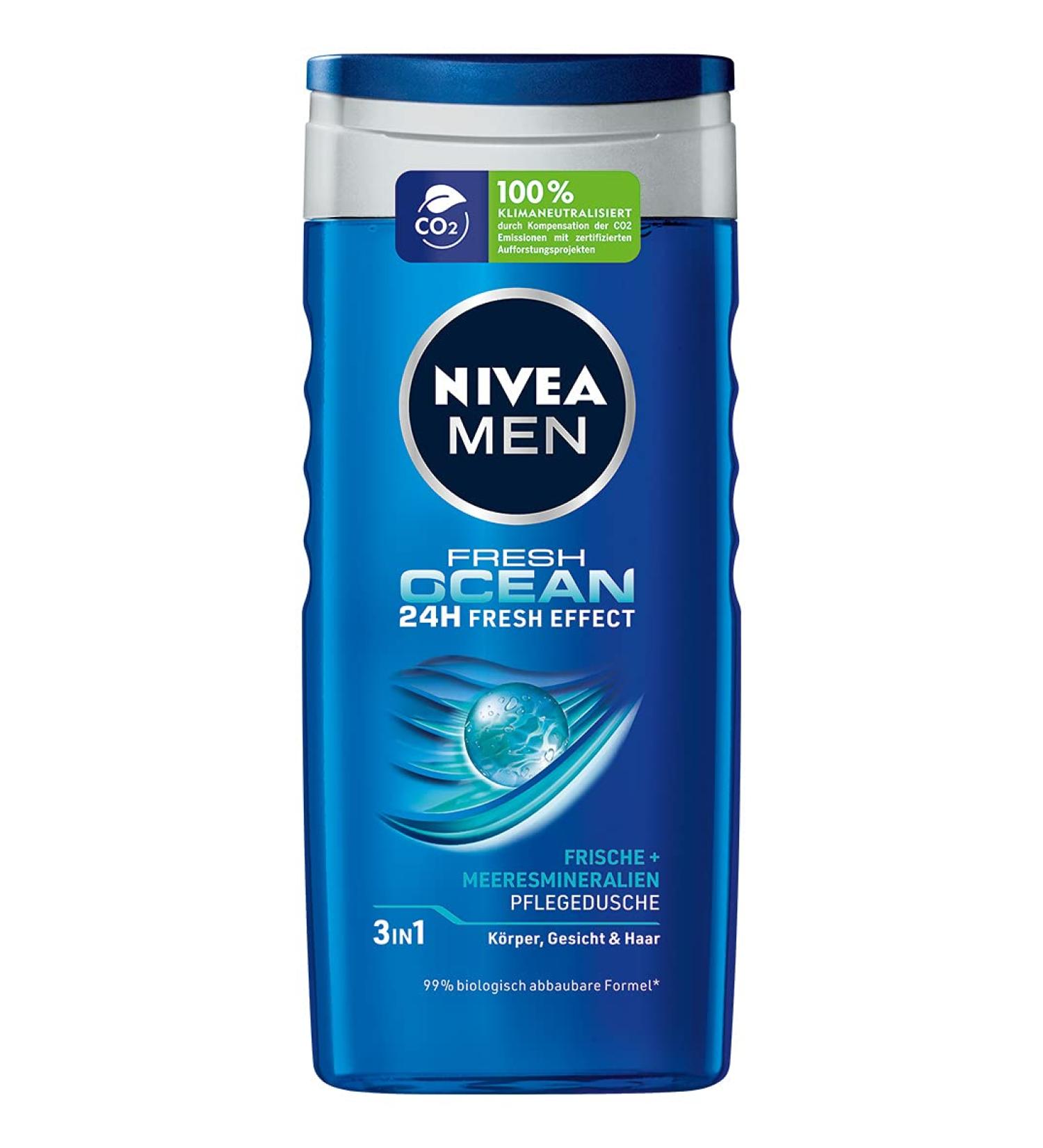 NIVEA MEN Fresh Ocean Nourishing Shower Gel (250 ml) with Sea Minerals and Ocean Fresh Fragrance Refreshing Shower for Body Face and Hair Fresh Ocean Biodegradable Formula - Buy Online on GoSupps.com