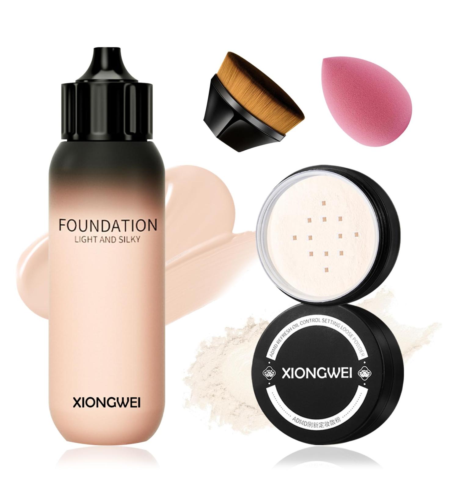 Liquid Foundation Full Coverage Foundation & Loose Setting Powder Set with Foundation Brush and Makeup Sponge Breathable Face Powder Long Lasting Waterproof Oil Control Concealer - Buy Online on GoSupps.com