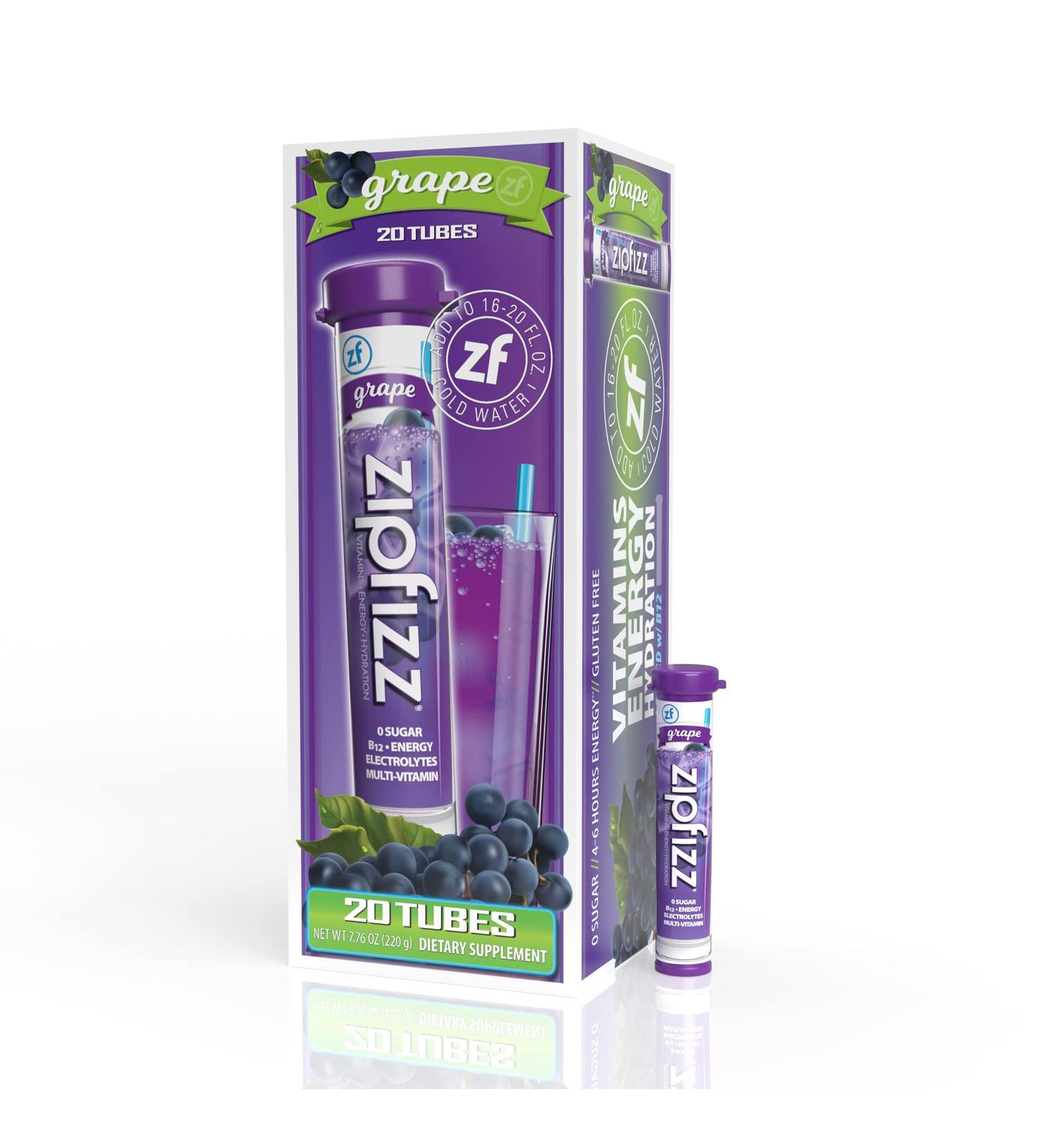 Zipfizz Grape Energy Drink Mix - Electrolyte Hydration Powder with B12 & Multi Vitamin (20 Pack) - Buy Online on GoSupps.com