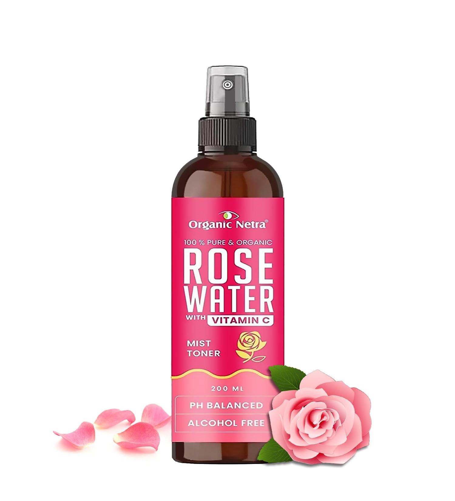 Organic Netra Rose Water with Vitamin C | Exfoliates The Skin and Controls Oil | Excellent for Clearing Away Makeup & Dirt from Pores| Mist Spray for All Skin Type | Paraben and Alcohol Free -200ml - Buy Online on GoSupps.com