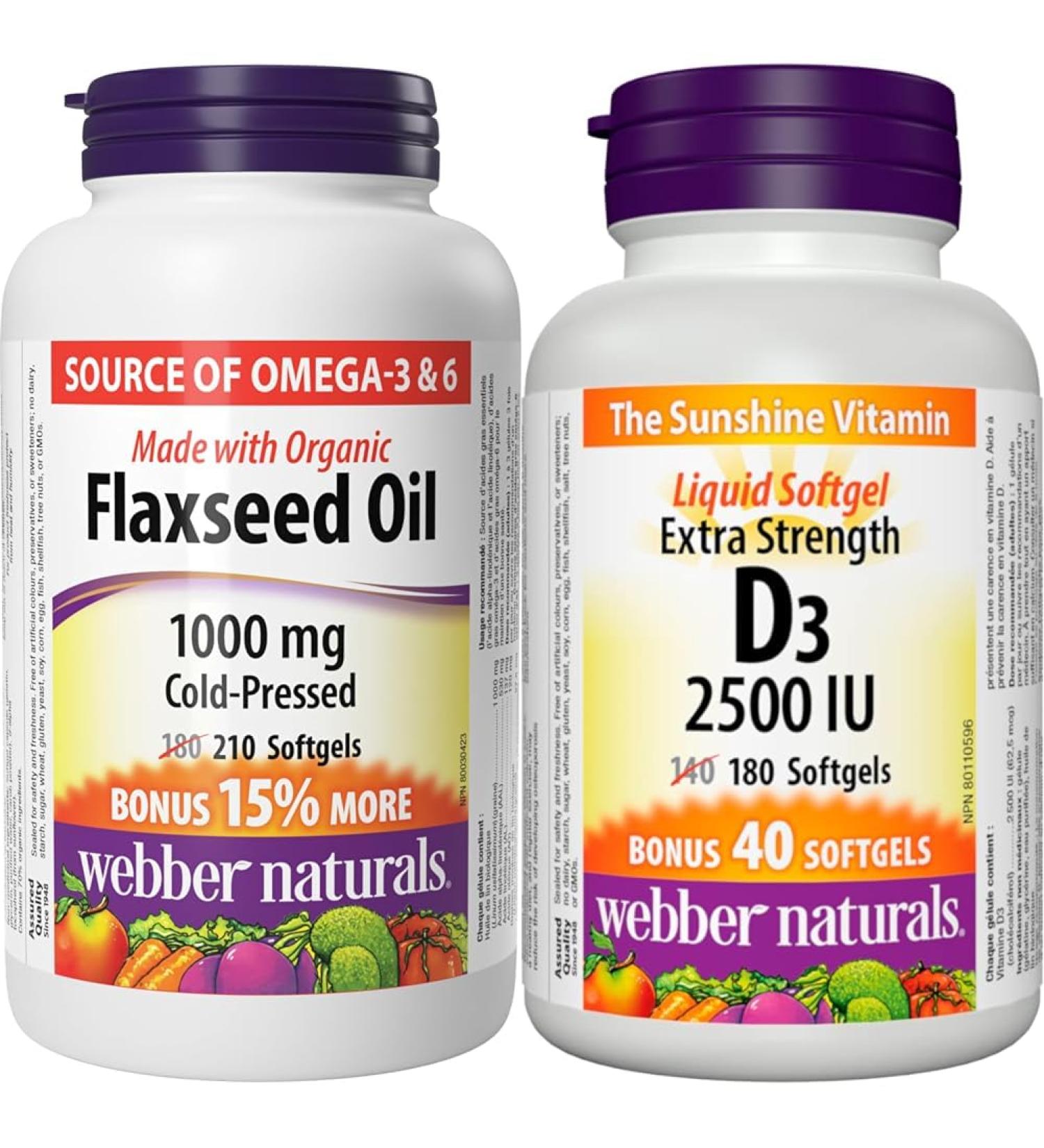 Webber Naturals Flaxseed Oil 1000 mg 210 Softgels Plant Source Omega-3 For Heart Brain & Vitamin D3 2500 IU Extra Strength 180 Softgels For Healthy Bones Teeth - Buy Online on GoSupps.com