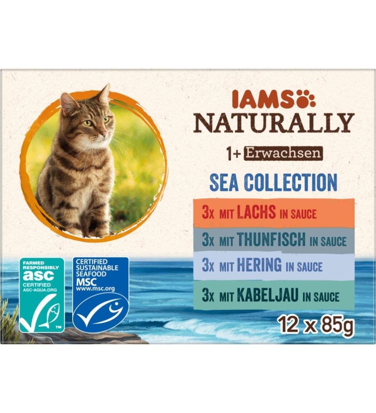 IAMS Naturally Caste Wate in Sauce - High-Quality Fish Wet Food for Adult Cats | Sea Collection 12 x 85g - Buy Online on GoSupps.com