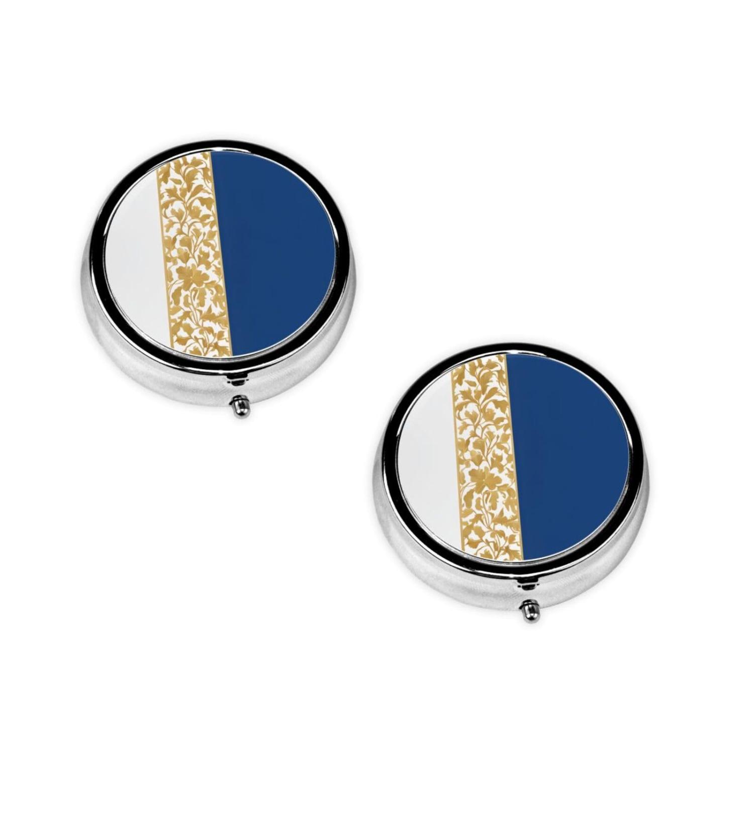 Gold Blue White Round Pill Box - 3 Compartment Mini Travel Medicine Organizer | Portable Vitamin Holder - Buy Online on GoSupps.com