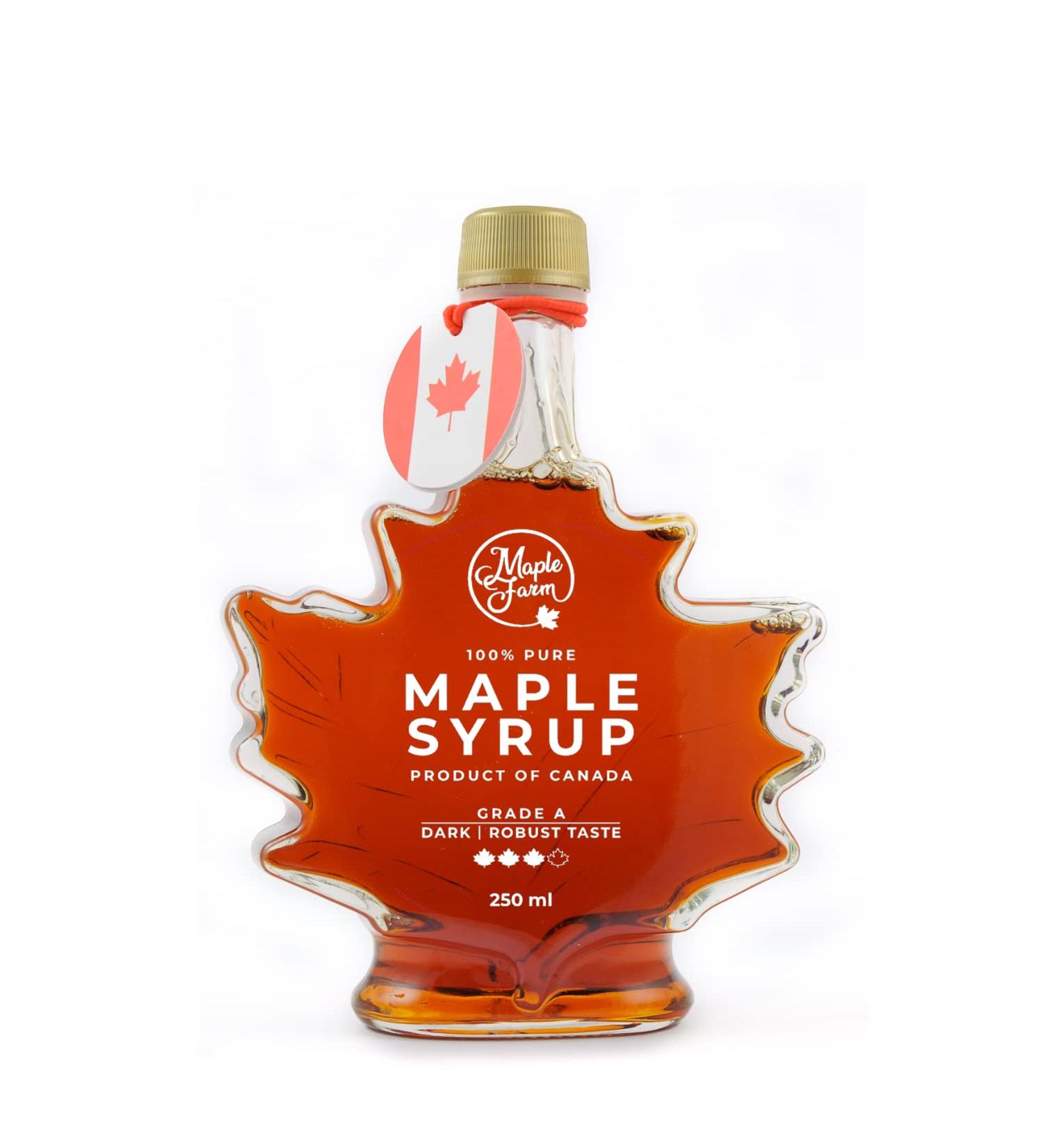 MapleFarm - Pure Maple Syrup Grade A Dark - Robust taste. 250ml (330g). Maple leaf bottle - Original maple syrup Grade A (Dark Robust taste) - Buy Online on GoSupps.com