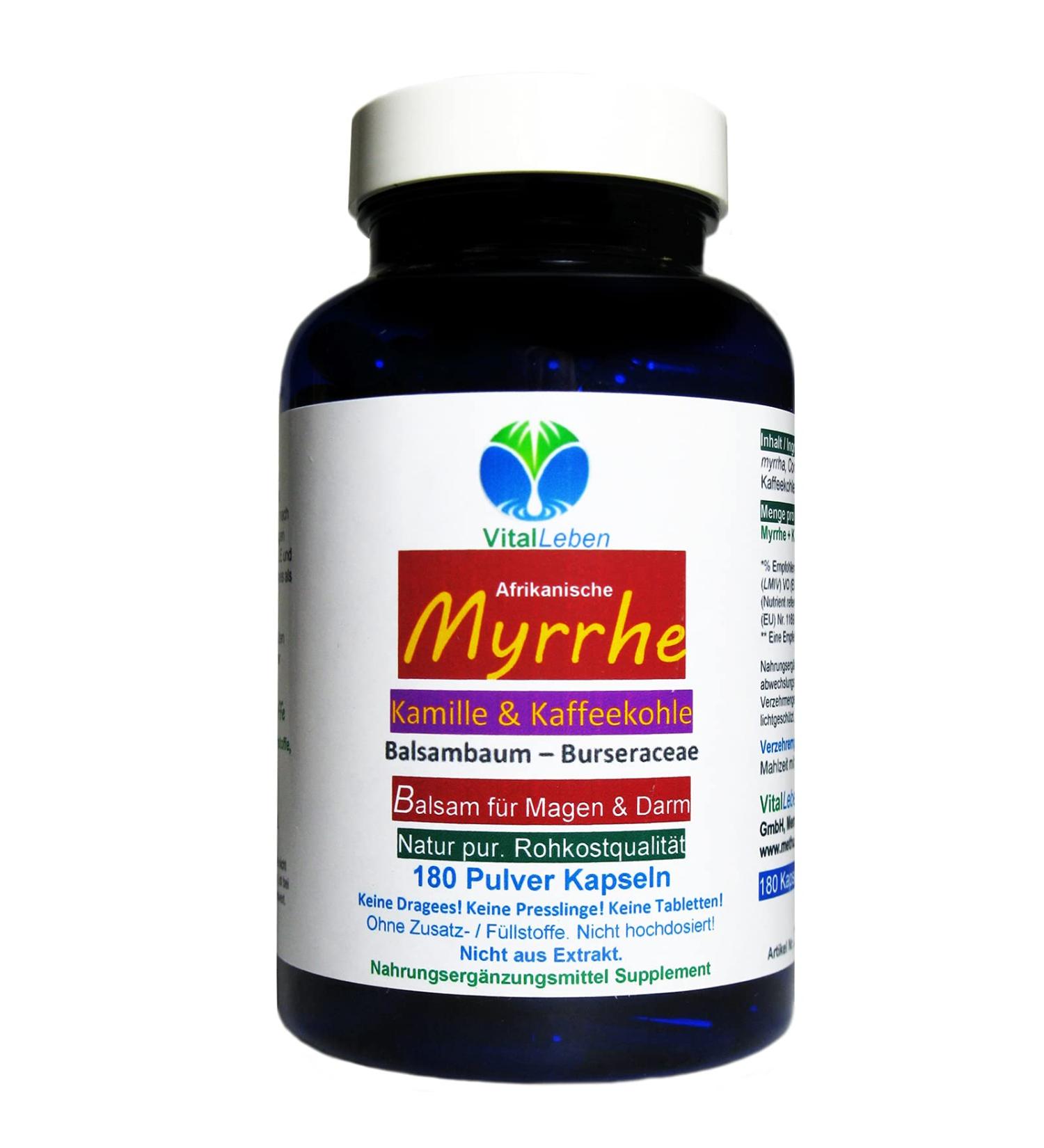 Buy Myrrh + Chamomile + Coffee Coal Balm - 180 Natural Powder Capsules for Stress Relief | Ayurveda & Hildegard von Bingen | Pure & Additive-Free - Buy Online on GoSupps.com