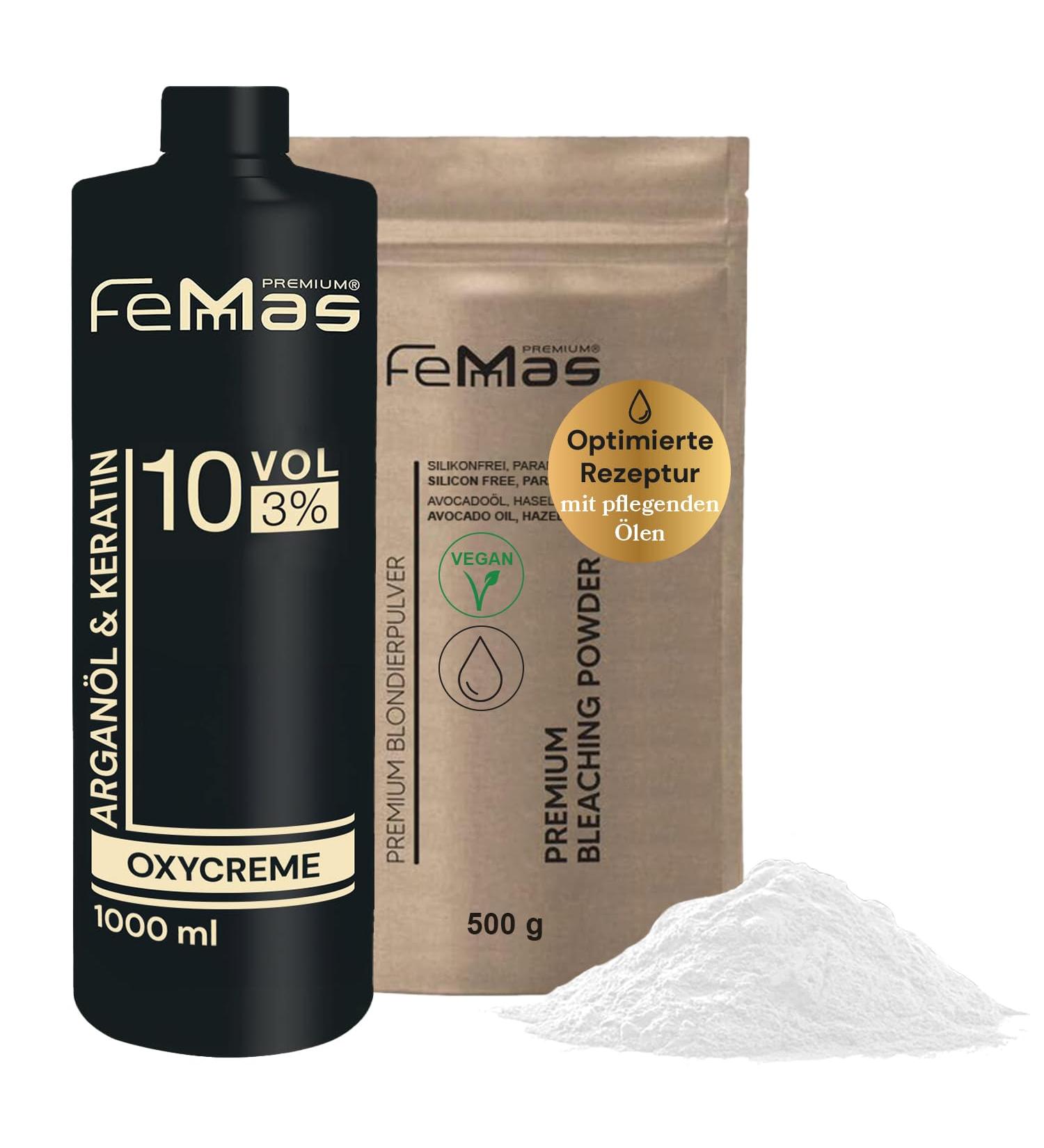 Femmas Bleaching Powder Set Vegan & Developer 3 Percent Ultra Strong & Dust-Free with Nutrient Rich Oils I Hair Bleach Kit for Home in Salon Quality I Bleaching of 7-9 Tone Levels - 17.6 Oz - 35.2 Fl Oz - Buy Online on GoSupps.com