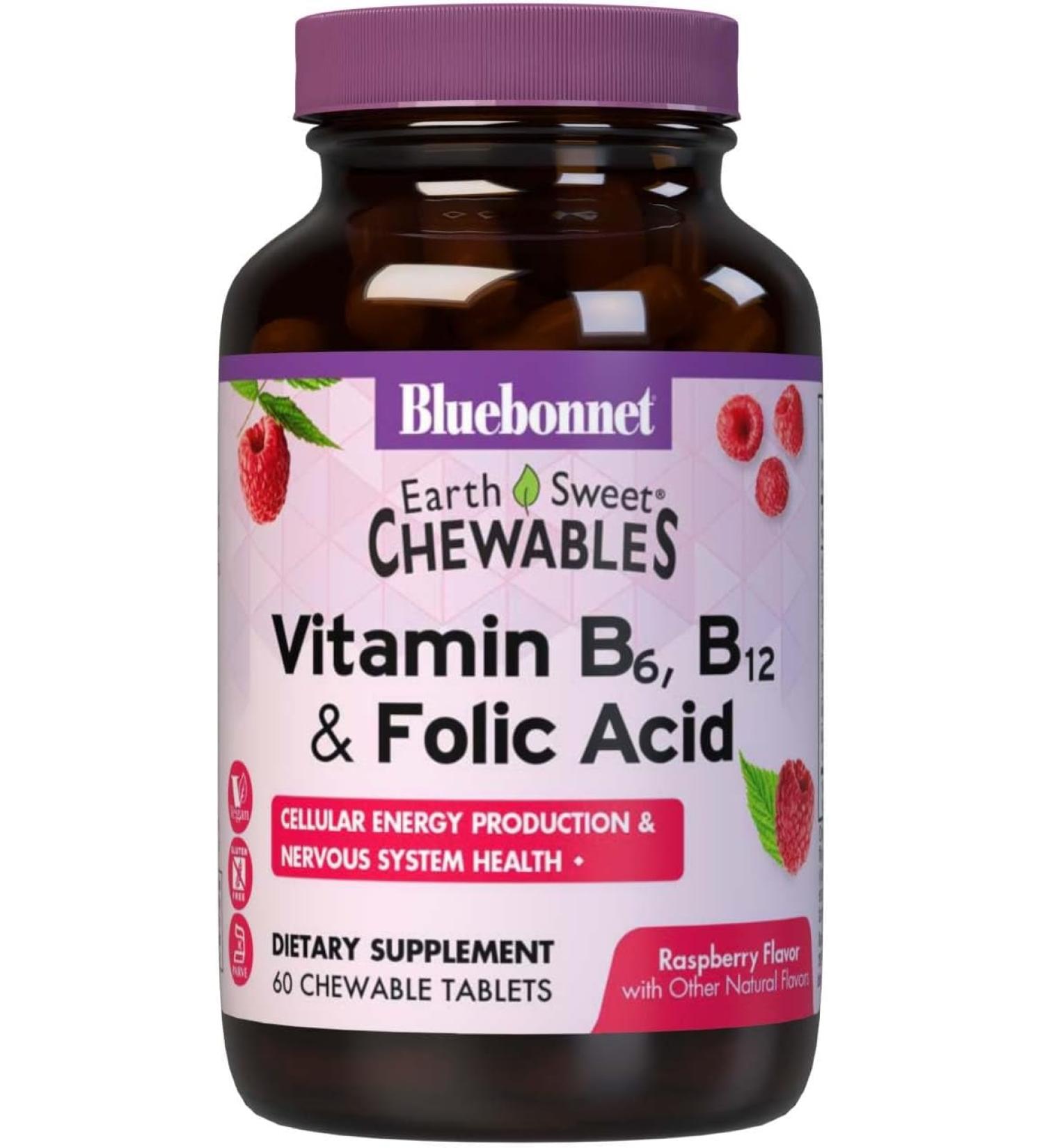 Bluebonnet Nutrition Earth Sweet Vitamin B6 B12 Plus Folic Acid Chewable Tablets Vegan Vegetarian Gluten Free Soy Free Milk Free Kosher - Raspberry Flavor - 60 Chewable Tablets - Buy Online on GoSupps.com