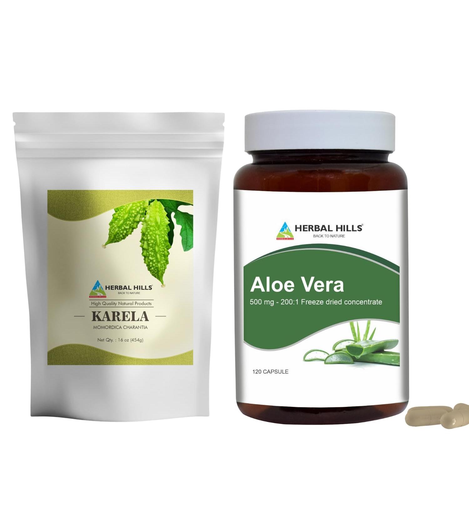 HERBAL HILLS Karela Powder and Aloe Vera Capsules Freeze Dried Powder Pack of 2 Combo - Buy Online on GoSupps.com