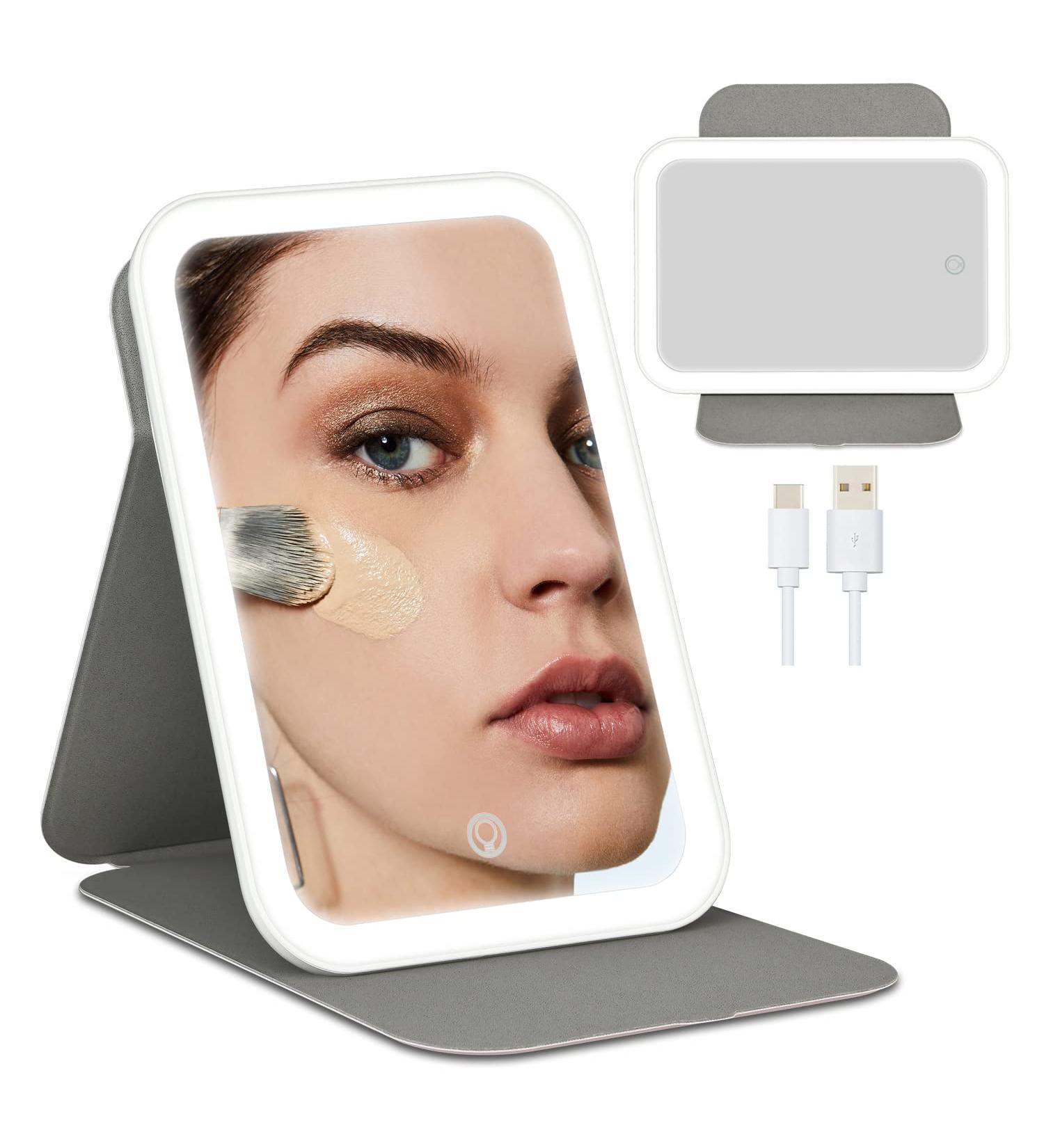 Uotowell Lighted Makeup Vanity Folding Mirror - Portable Travel Compact Mirror with Adjustable LED Lights and Dimmable Touch Screen - USB Rechargeable (Pink) - Buy Online on GoSupps.com