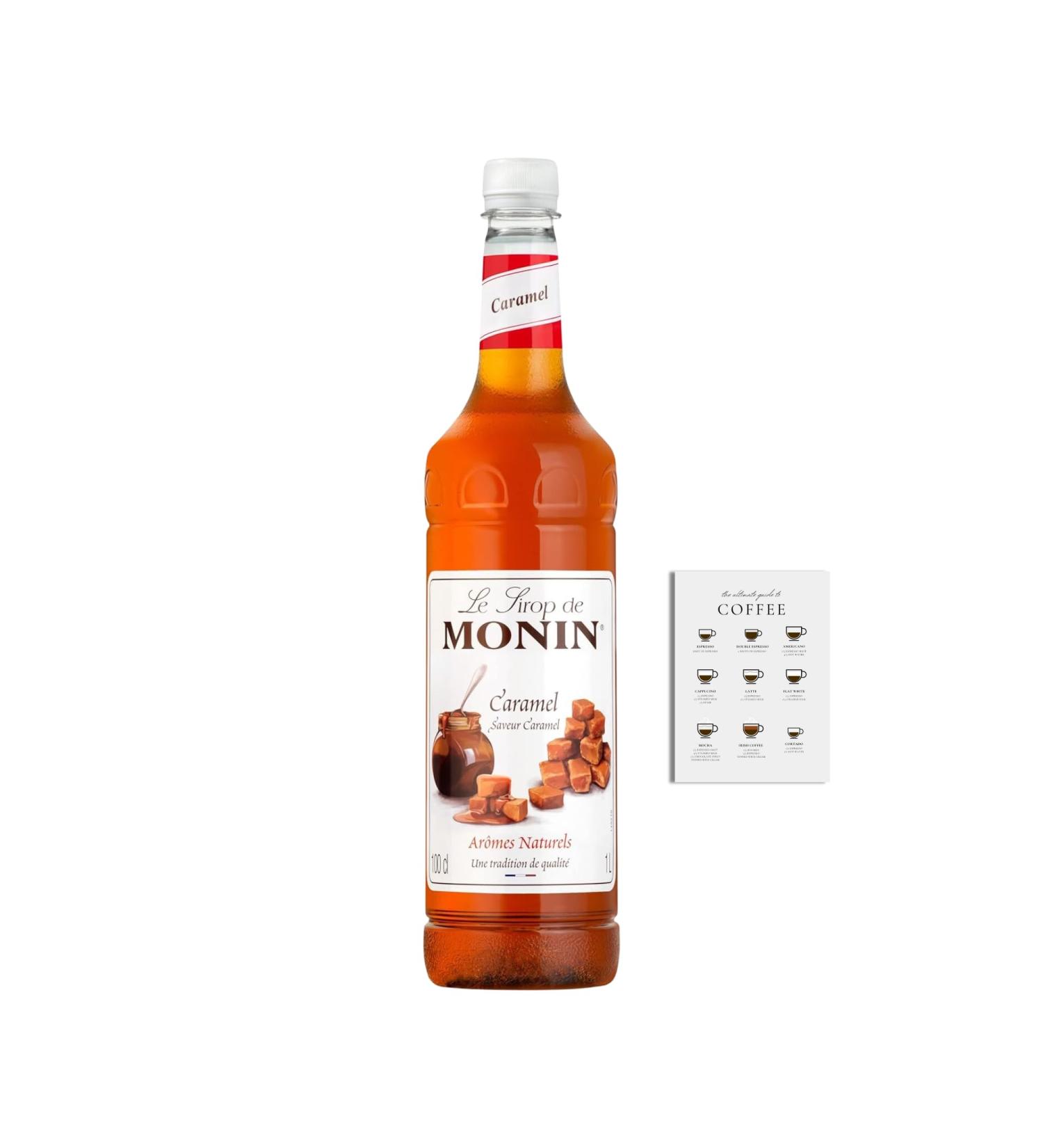 Monin Coffee Caramel Syrup 1000ml - 100% Natural, Vegan-Friendly, Allergen-Free | Gift Harbour Coffee Recipe Card - Buy Online on GoSupps.com