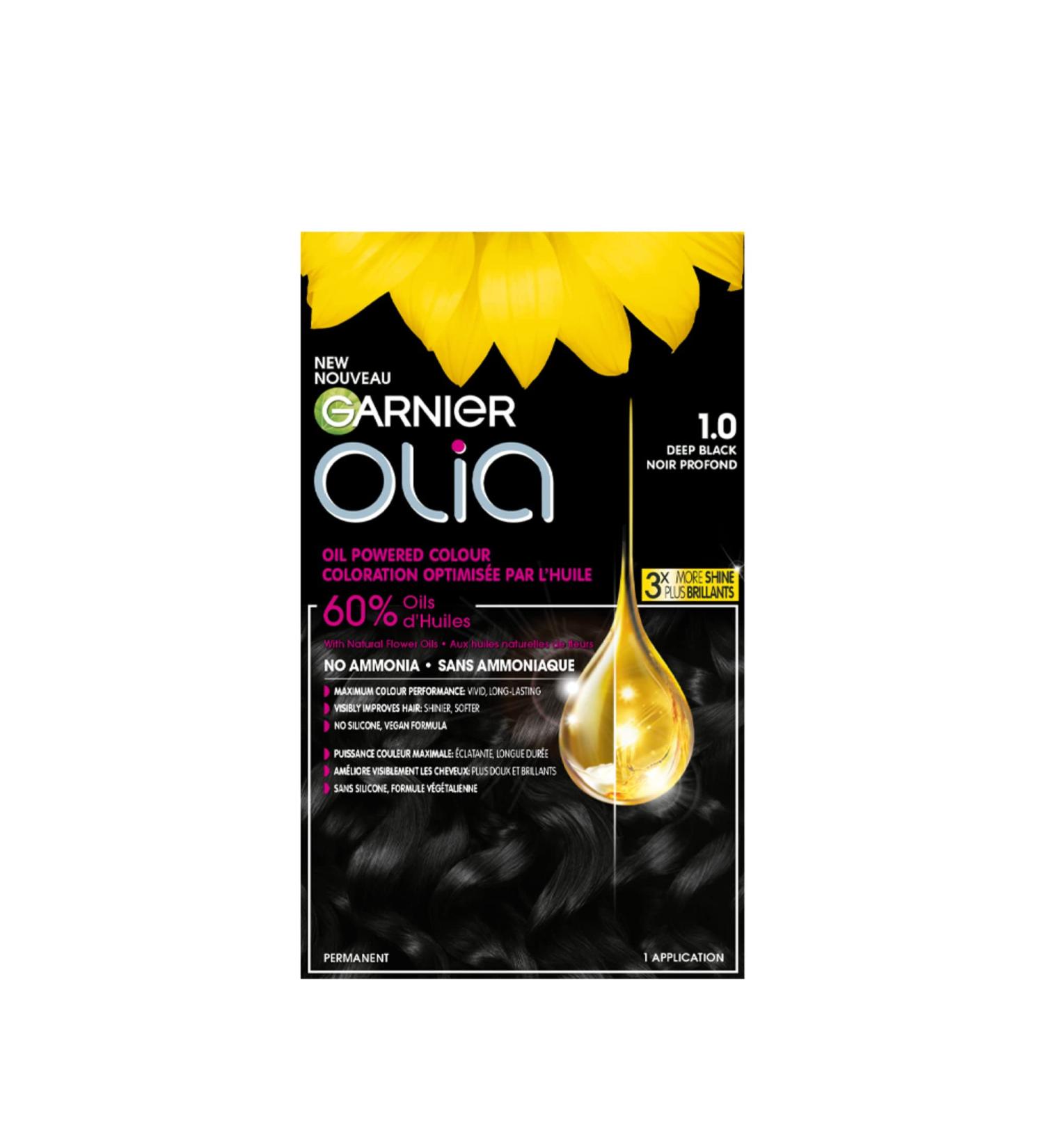 Garnier Olia Permanent Hair Dye Ammonia-Free Hair Color 1.0 Deep Black Long-Lasting Hair Shine With 60% Oils 1 Application BLACK SHADES 1.0 Deep Black - Buy Online on GoSupps.com
