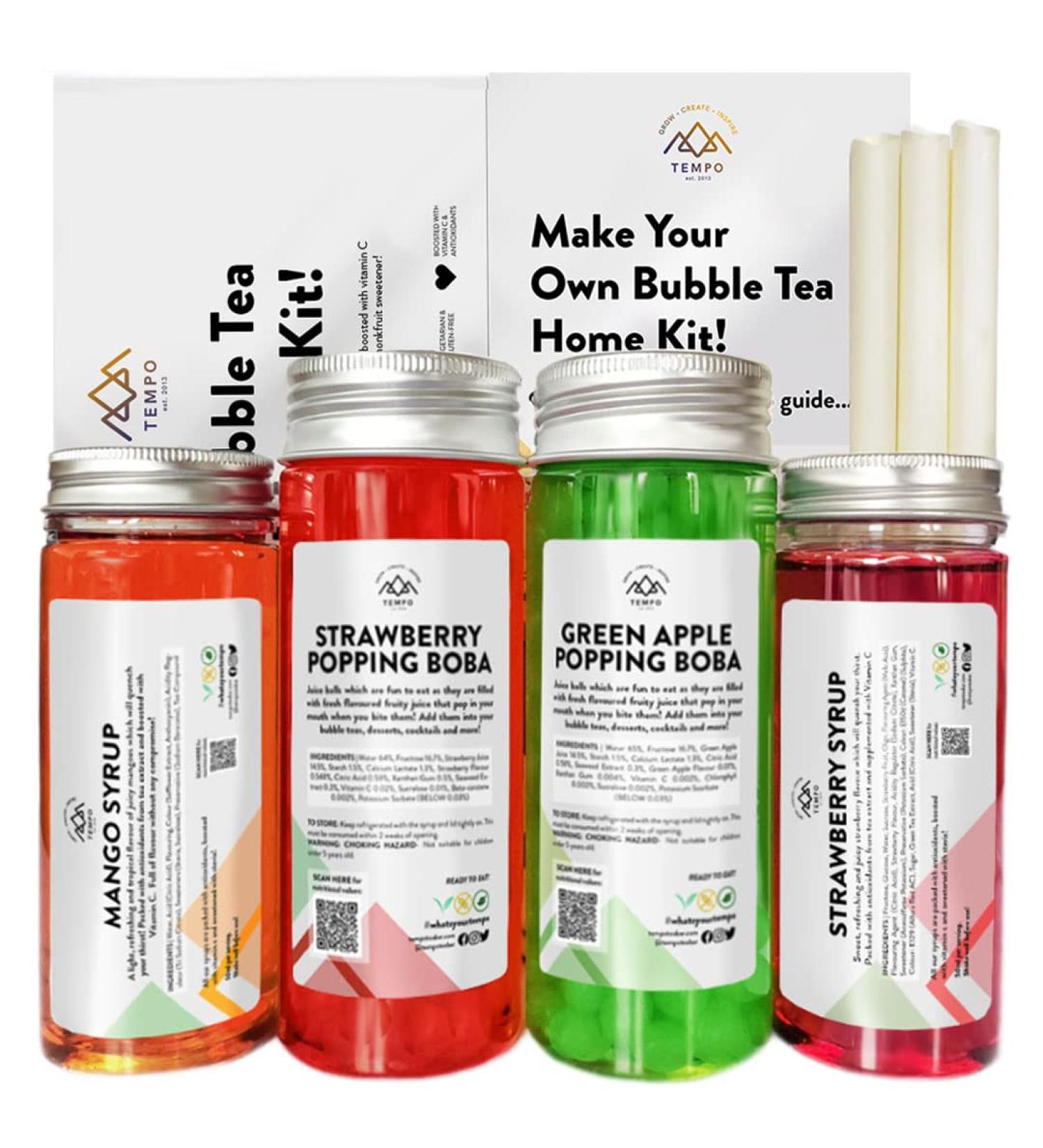 Bubble Tea Kit - Mango & Strawberry with Apple & Strawberry Popping Boba | Serves 6 | Low Calorie & Low Sugar Fruit Tea Concentrate - Buy Online on GoSupps.com
