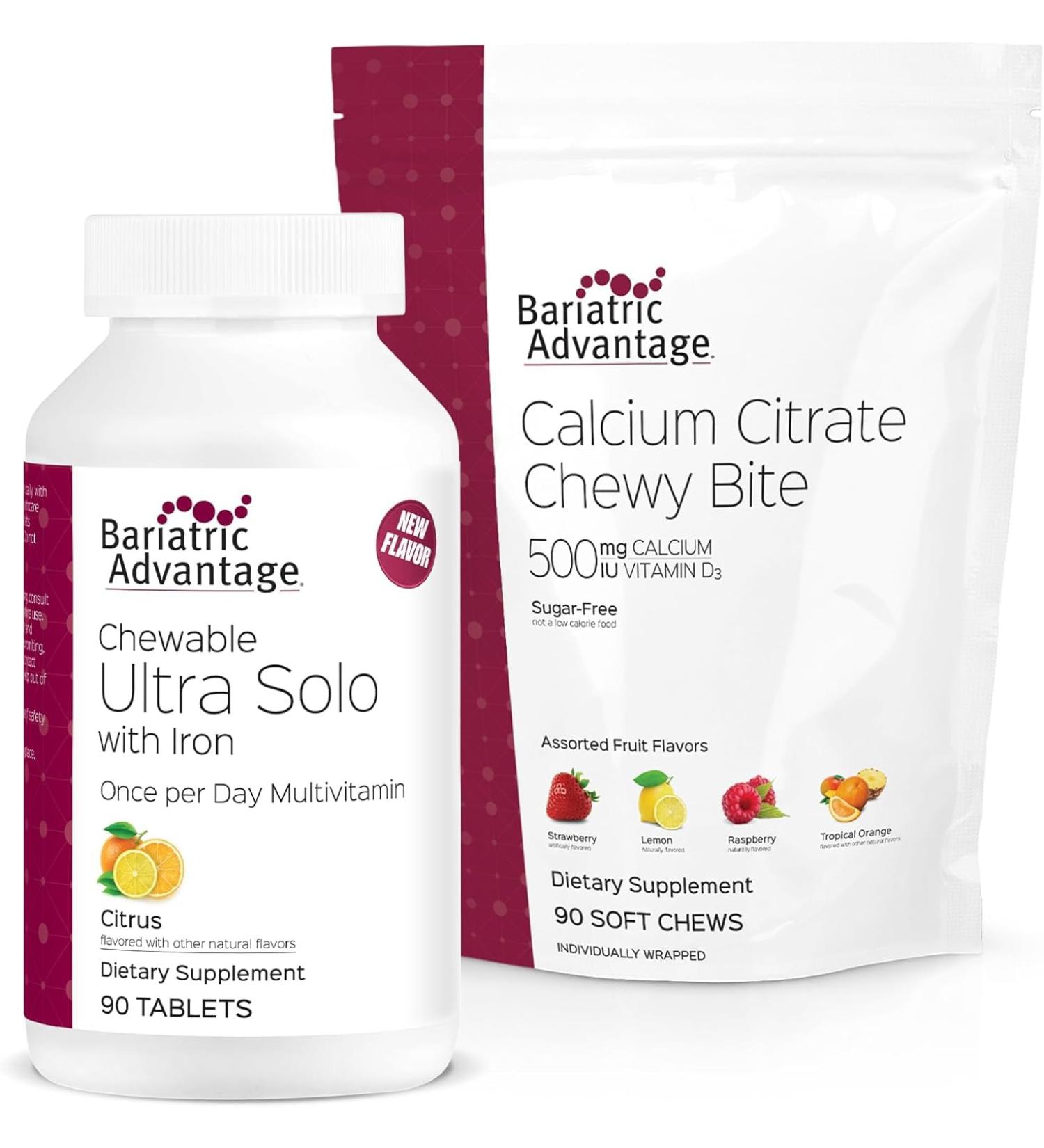 Bariatric Advantage Chewable Ultra Solo with Iron - Citrus 30 Count and Calcium Citrate Chewy Bites 500 mg - Assorted Fruit Flavor 90 Count - Buy Online on GoSupps.com