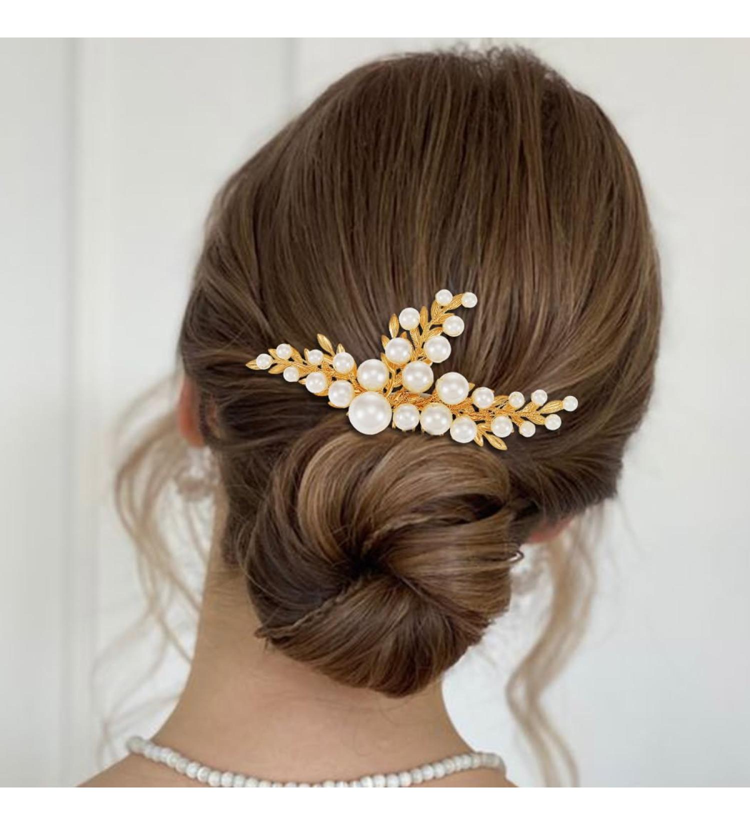 Handcess Bridal Wedding Hair Comb Gold Pearls Hairpiece Leaf Bridal Side Combs Wedding Hair Accessories for Women and Girls - Buy Online on GoSupps.com