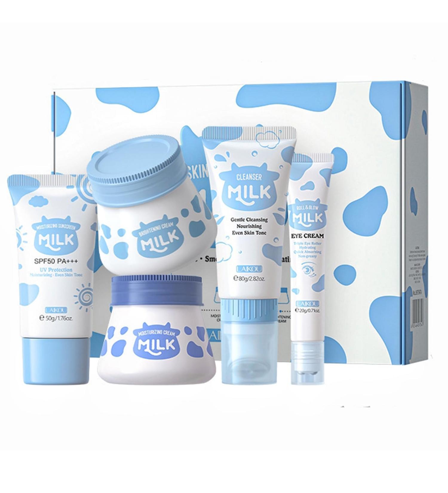 Milk Skin Care Gift Set for Teen Girls 5Pcs Deep Moisturizing Daily Facial Treatment with Cleanser Cream Sunscreen Eye Cream Face Cream - Buy Online on GoSupps.com