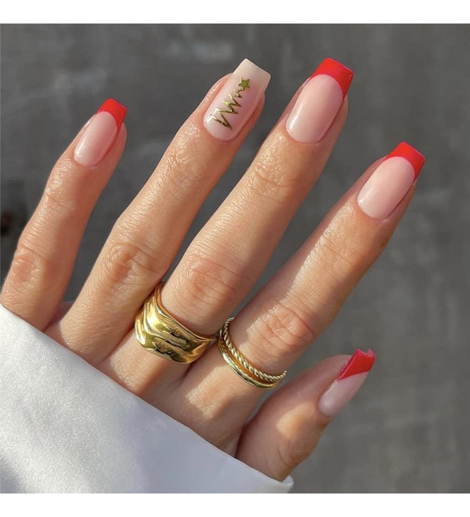 Sethexy Christmas French Short Square False Nails - 24Pcs Glossy Festive Press On Acrylic Stick On Nail Tips - Buy Online on GoSupps.com