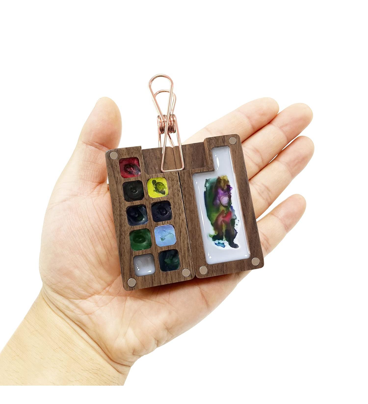 Mini Portable Watercolor Palette - 9 Color Sketchbook Palette in Wooden Box - Travel Paint Case for Artists - Clip Included - 9 Area Palette - Buy Online on GoSupps.com