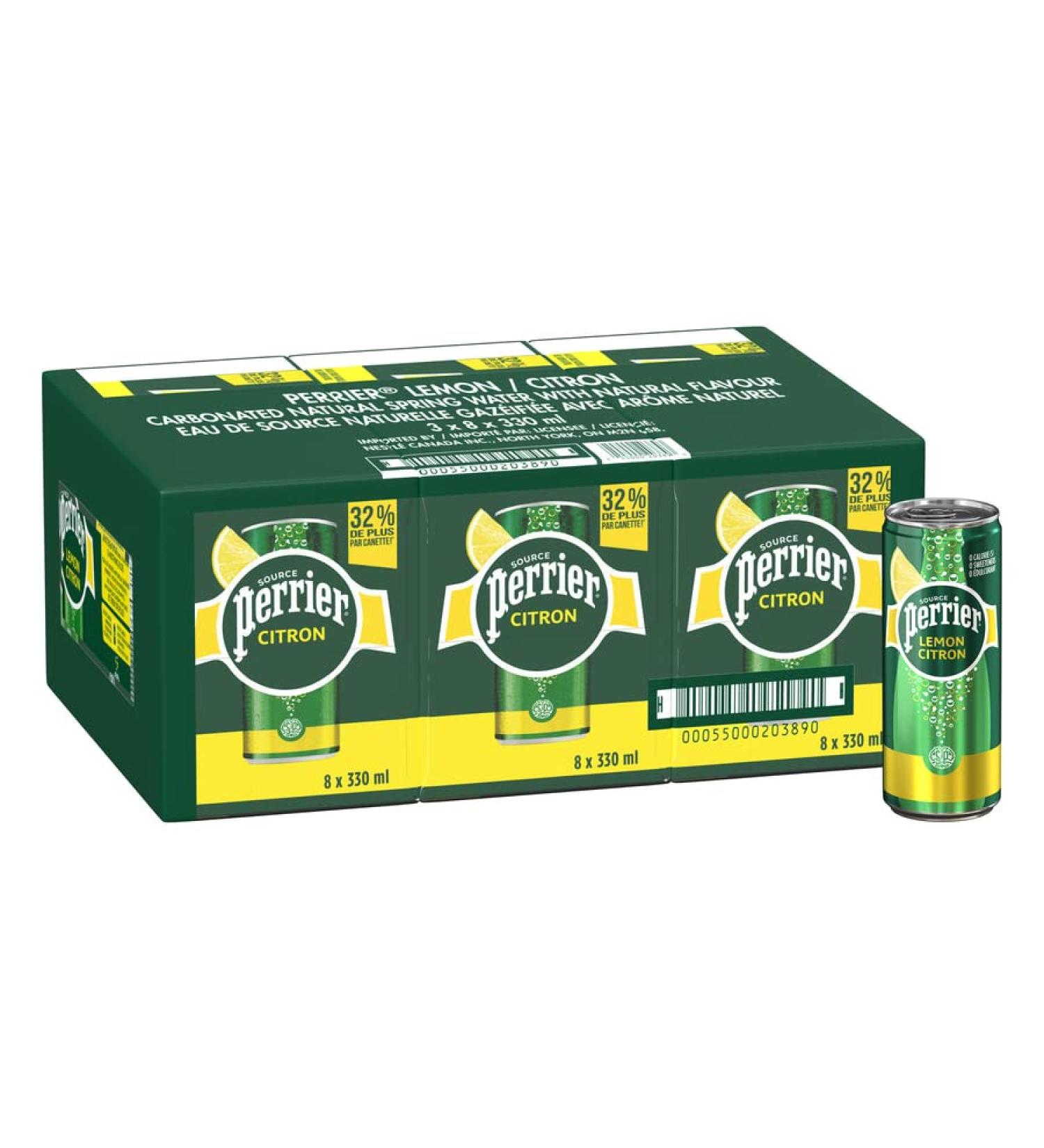 Perrier Lemon Carbonated Natural Spring Water with Natural Flavour No Calories No Sweeteners No Sodium 330ml Pack of 24 Cans - Buy Online on GoSupps.com