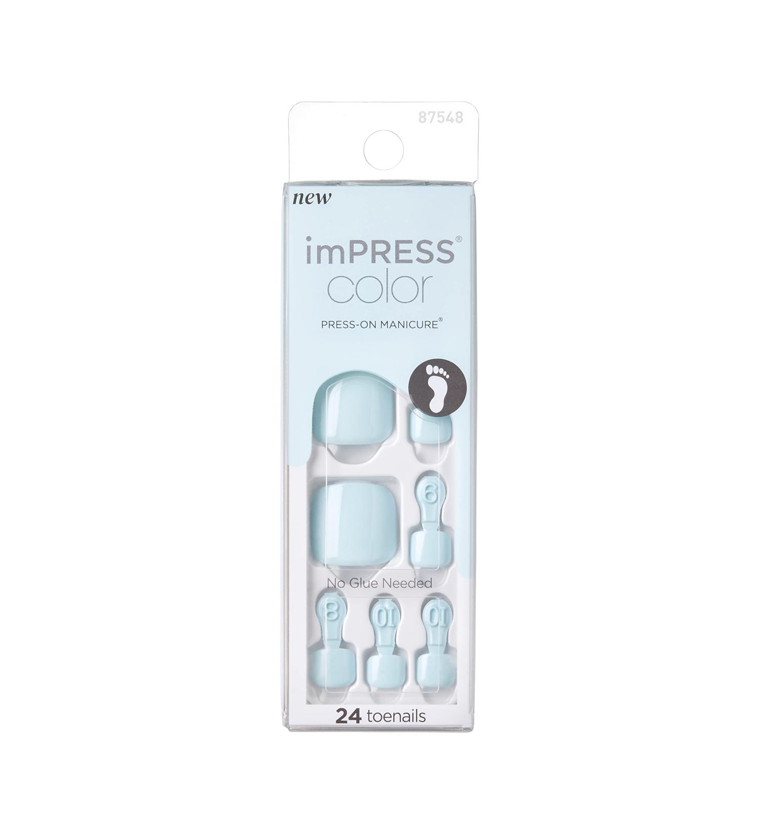 KISS imPRESS Dream Glow Pedicure Press-On Fake Toenails Kit - Light Blue Square Nails with Prep Pad, File, Stick - 24 Nails - Buy Online on GoSupps.com