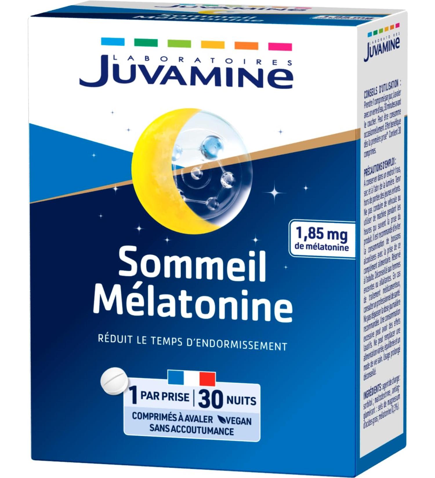 JUVAMINE - Sleep Melatonin - 1.85mg Melatonin - Reduces Sleeping Time - No Addiction - Time Difference - Rest - 1 Month Program - 30 Tablets - Made in France - Buy Online on GoSupps.com