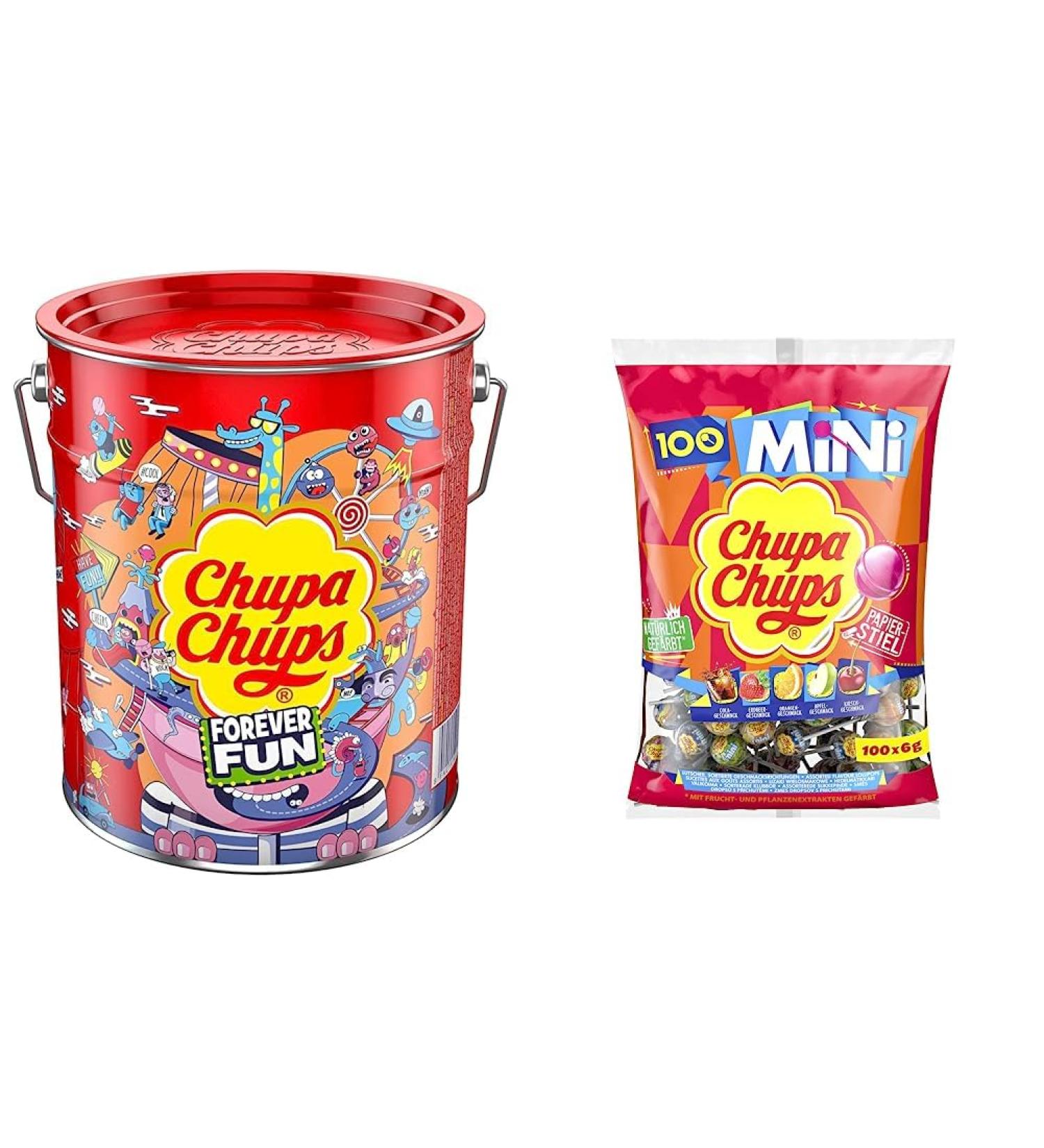 Chupa Chups Best of Lollipop Eimer - 150 Lollipops in 6 Flavors & 100 Mini Lollis in Cola Bundle - Pop Art Metal Can & Classic Bag - Perfect for Parties & Gifting - Buy Online on GoSupps.com