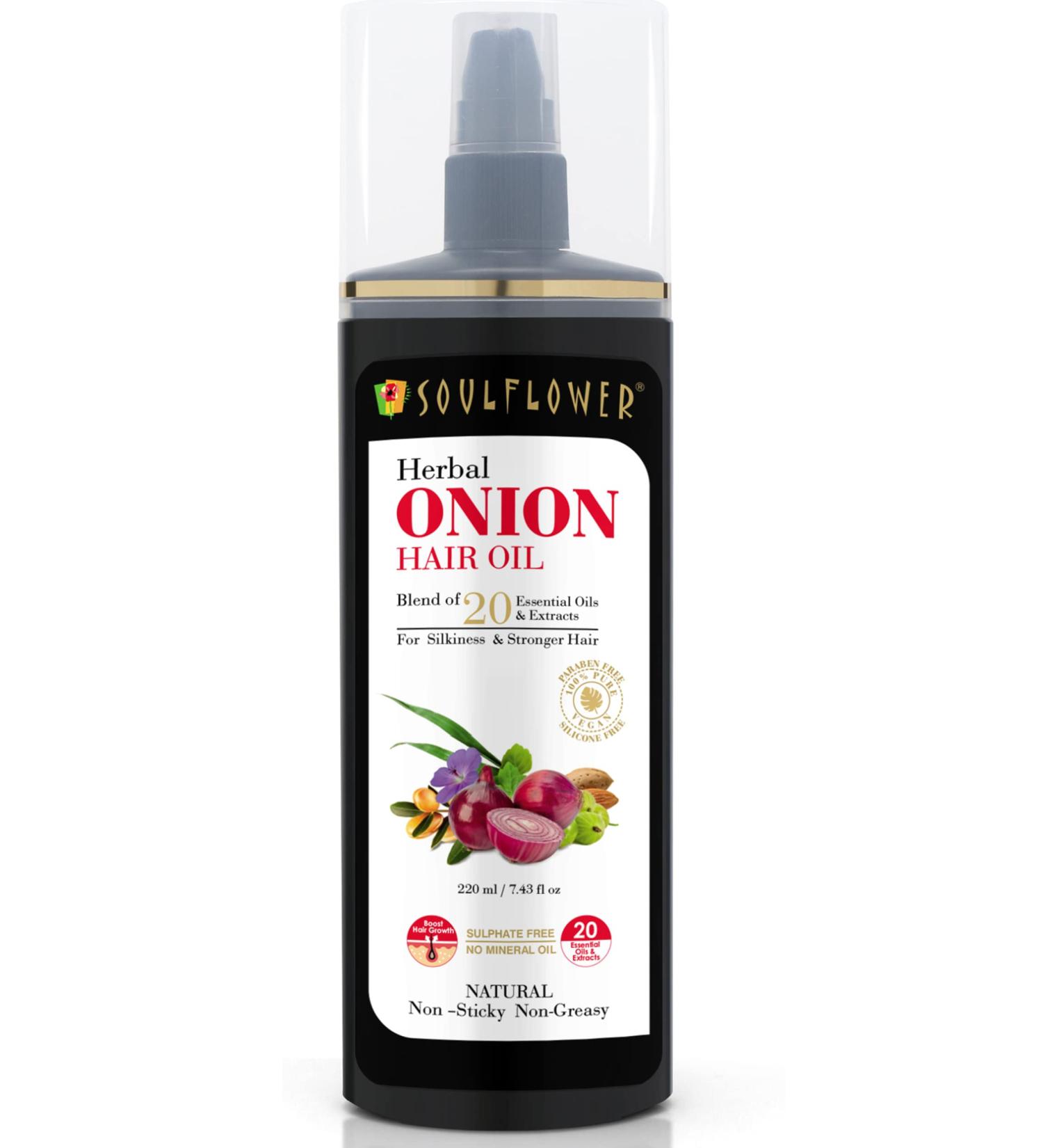 Soulflower Onion Hair Oil with Amla, Ashwagandha & Sandalwood - 100% Pure, Cold Pressed, Non-Greasy, 220 ml - Buy Online on GoSupps.com