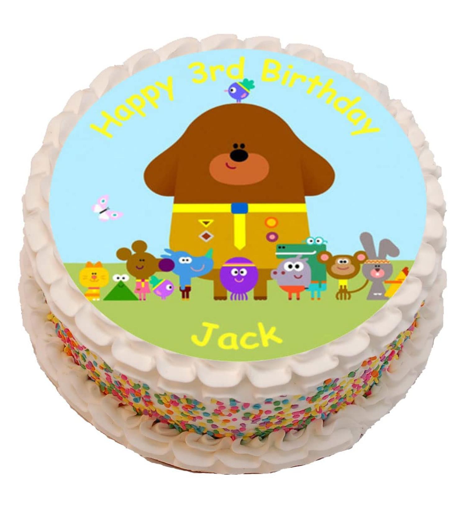 Hey Duggee Personalised PRE-CUT Cake Topper 8 Inch Round Edible Icing Sheet Birthday Decoration