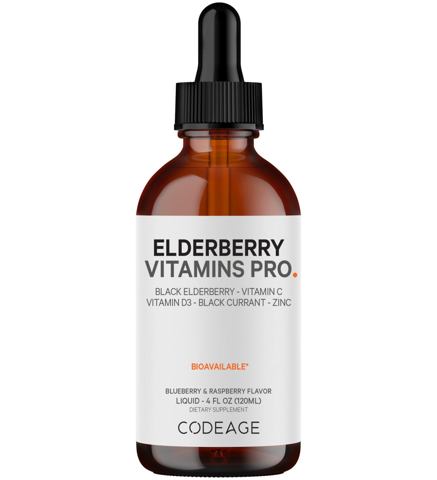 Codeage Elderberry Vitamins Pro - Organic Black Elderberry Liquid Drops - Vitamin C D3 Zinc Black Currant - 2-Month Supply - Black Sambucus Liquid - Supplement for Adults & Kids - 4 fl oz - Buy Online on GoSupps.com