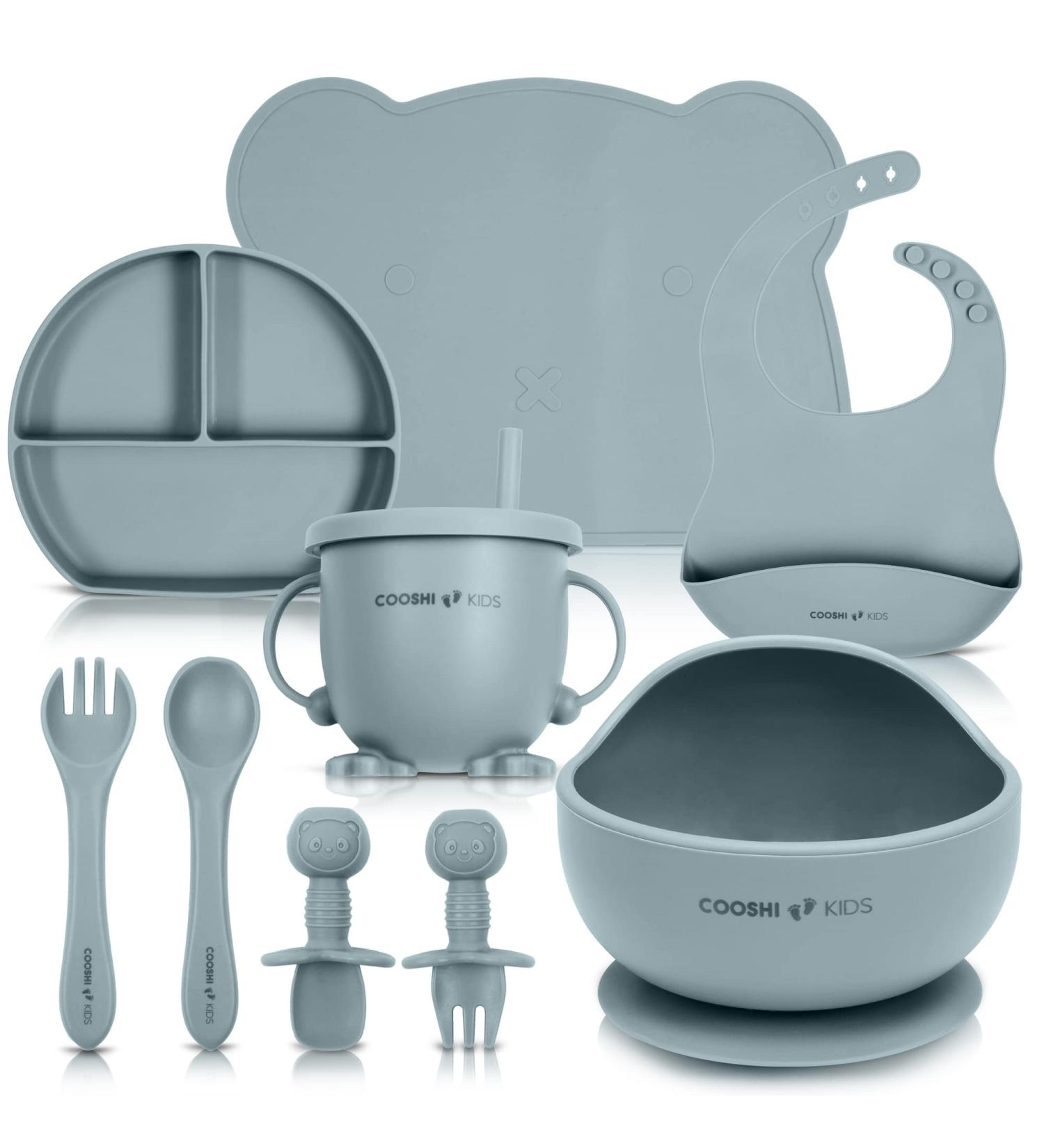 Cooshi Kids Baby Self Feeding Tableware Set - Suction Plate, Bowl, Sippy Cup, Bib, Placemat, Cutlery Set - 9 Piece Blue Set for Easy Weaning - Buy Online on GoSupps.com