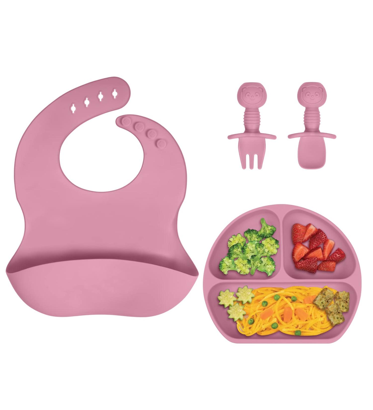 Vicloon Silicone Baby Feeding Set | 4Pcs Weaning Set | Suction Plate, Bib, Spoon & Fork | BPA Free | Toddlers & Kids Divided Plate | Gift - Pink - Buy Online on GoSupps.com