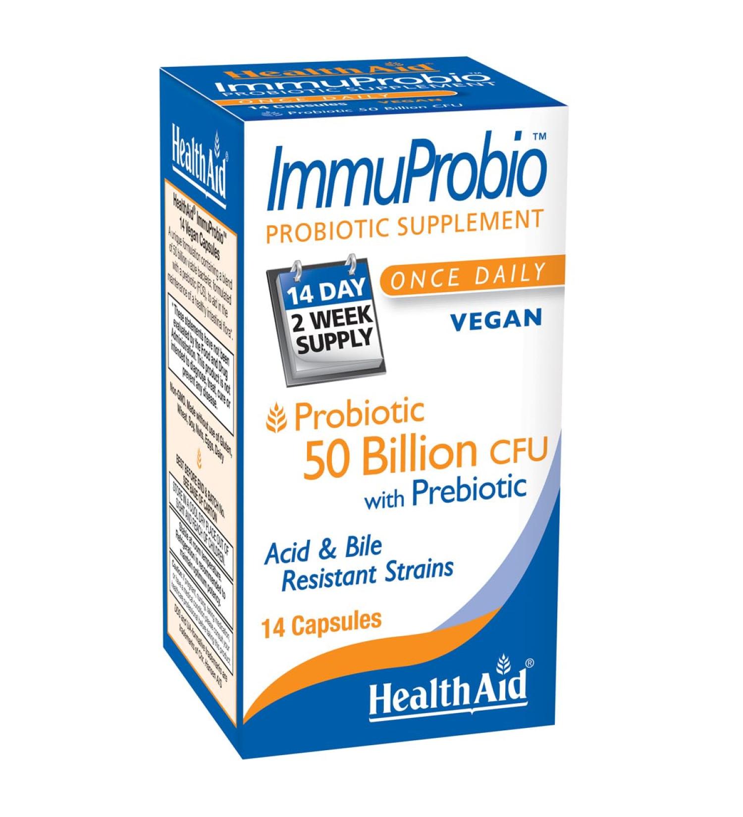 HealthAid ImmuProbio Once-Daily 50 Billion CFU Probiotic with Prebiotic Fiber (FOS) | 30 Strains Including DDS 1 | Acid & Bile Resistant Room Temperature Stable Vegan 14 Capsules