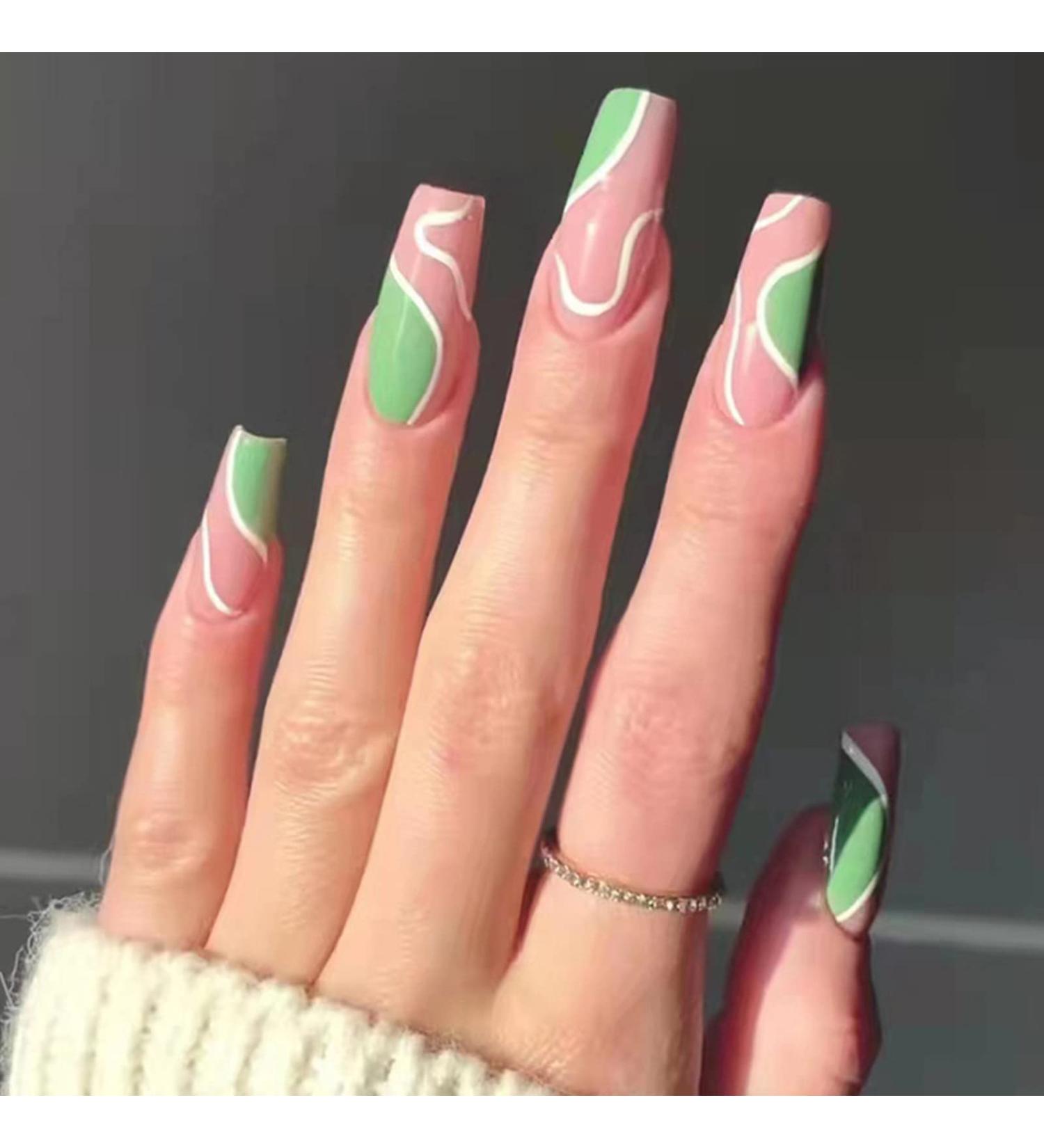 Justotry 24 Pieces Ballerina Press-On Nails - Short White & Green Swirl Acrylic Fake Nails for Women - Artsy Nail Art Design - Buy Online on GoSupps.com
