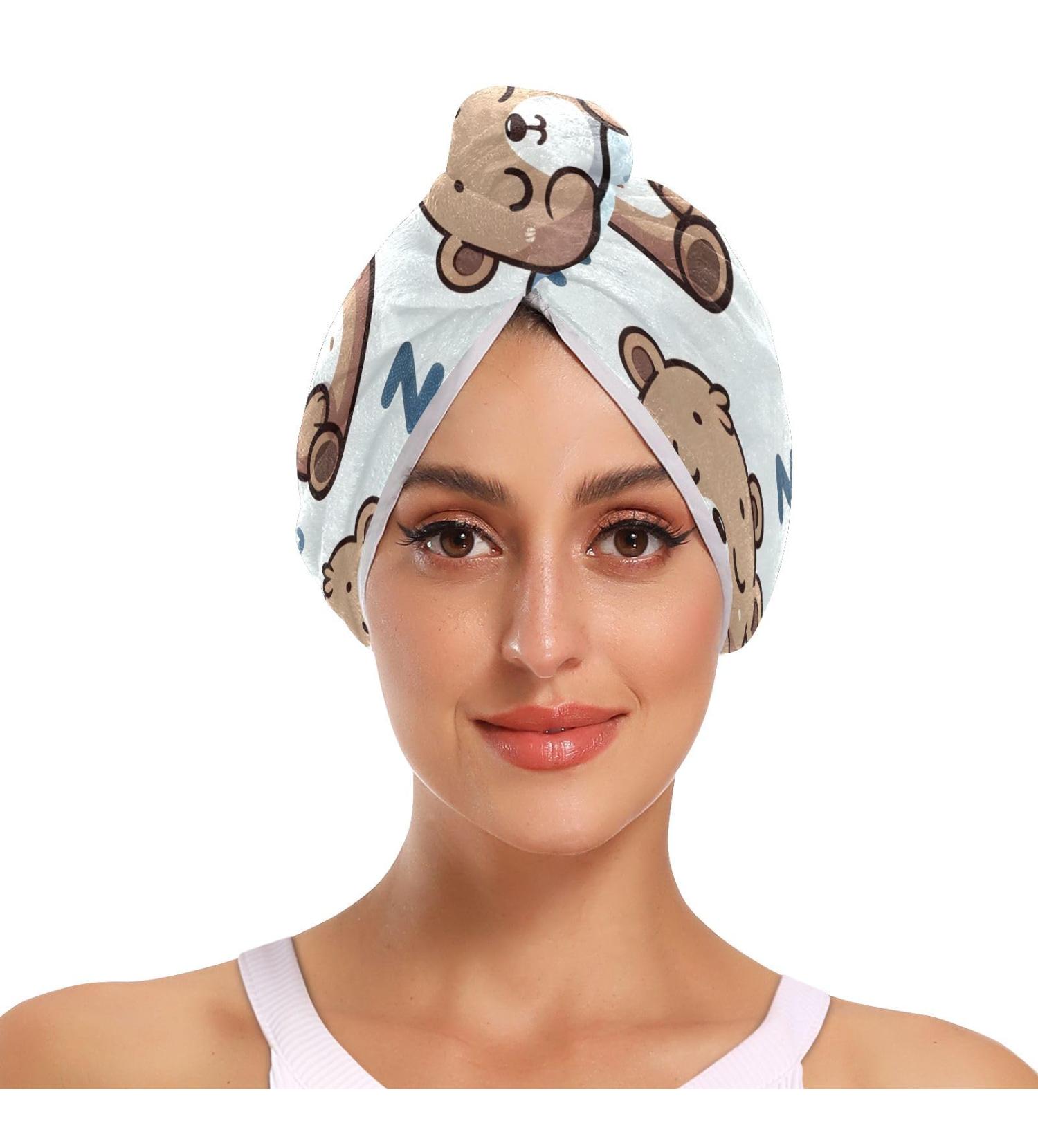 Sleeping Cute Happy Bear Hair Towel Set - Super Absorbent Quick Dry Hair Turbans for Women & Girls | 2 Pack - Buy Online on GoSupps.com