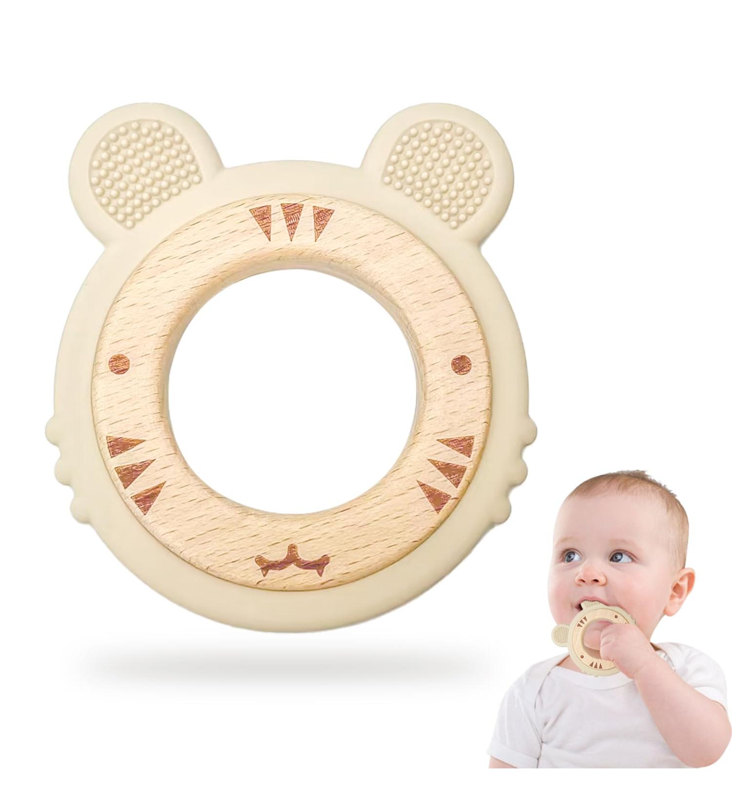 Natural Wooden Biting Ring & Tiger Silicone Toy | BPA-Free Baby Gift | Sustainable Wooden Toys for Infants - Buy Online on GoSupps.com