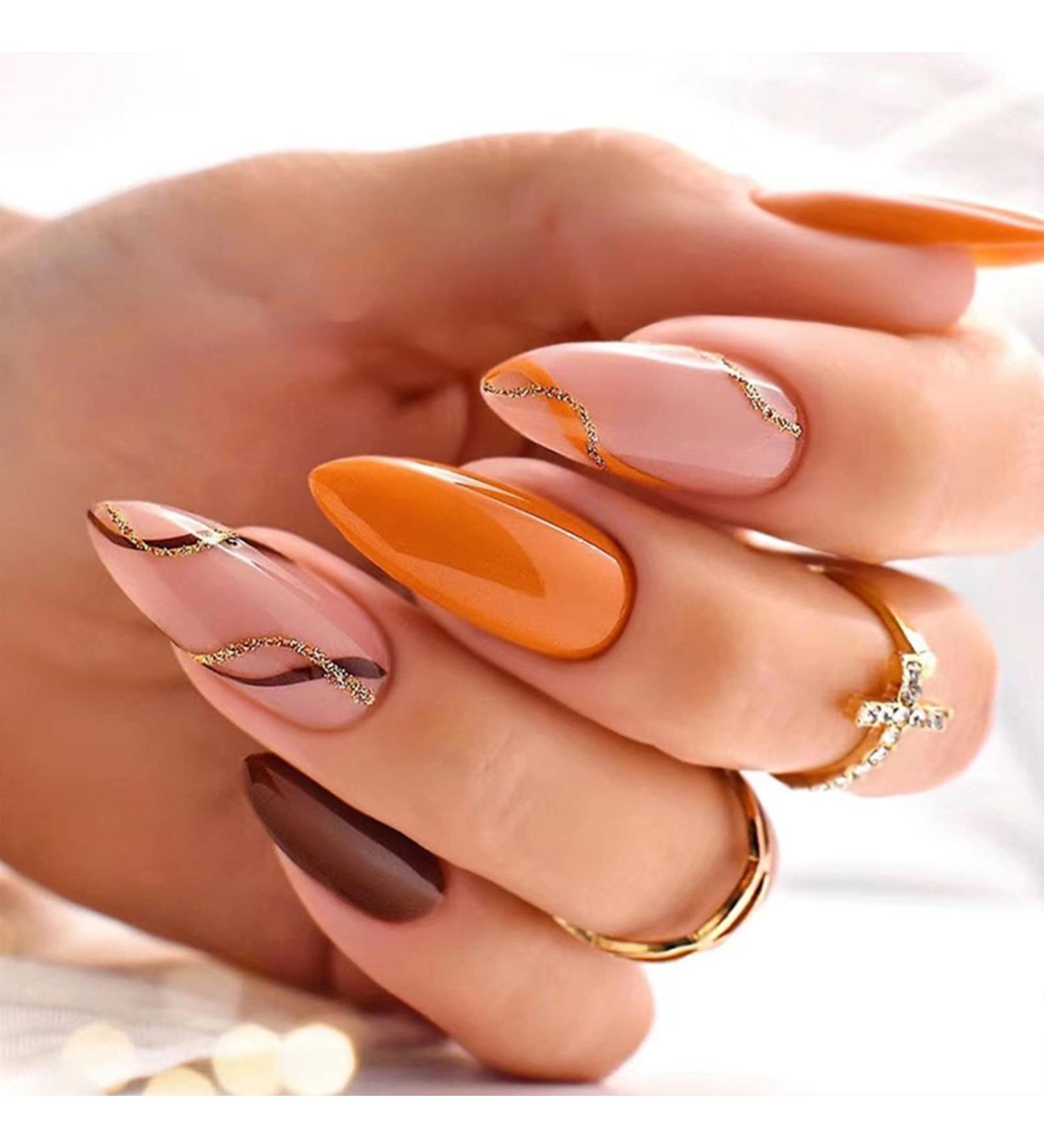 24PCS Long French False Nails with Glue - Full Cover Acrylic Stick on Nails (Orange) - Buy Online on GoSupps.com
