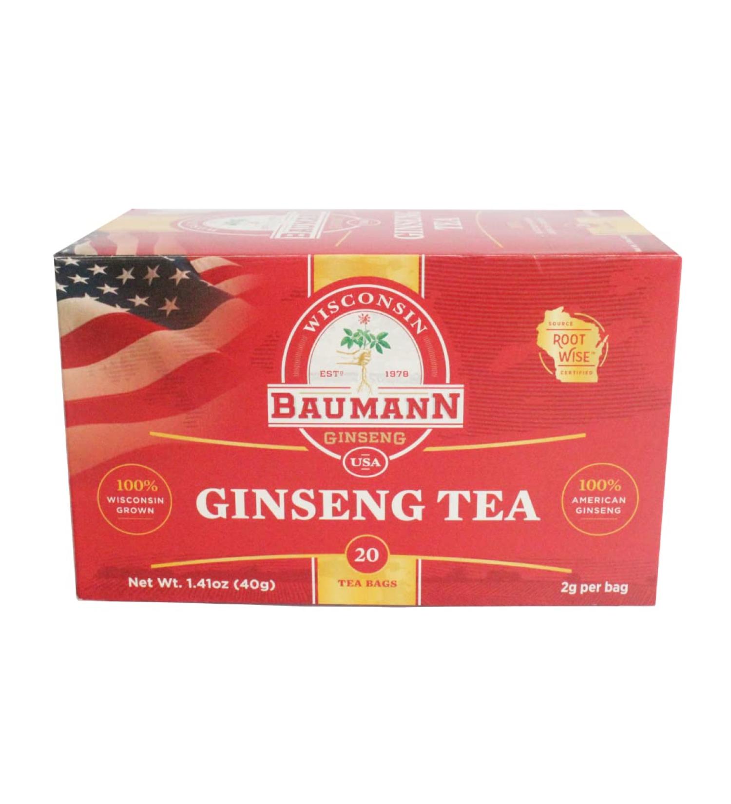 Baumann Premium American Ginseng Tea Bags (20 Count) | Wisconsin Grown Panax Ginseng Herbal Tea for Focus & Energy - Buy Online on GoSupps.com