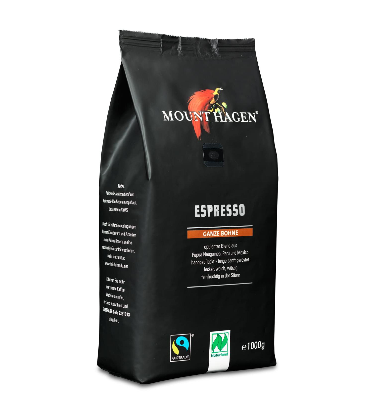 Mount Hagen dark roast organic FT Naturland Espresso 1kg whole bean elegant body with gentle chocolate notes 1 kg (1 pack)