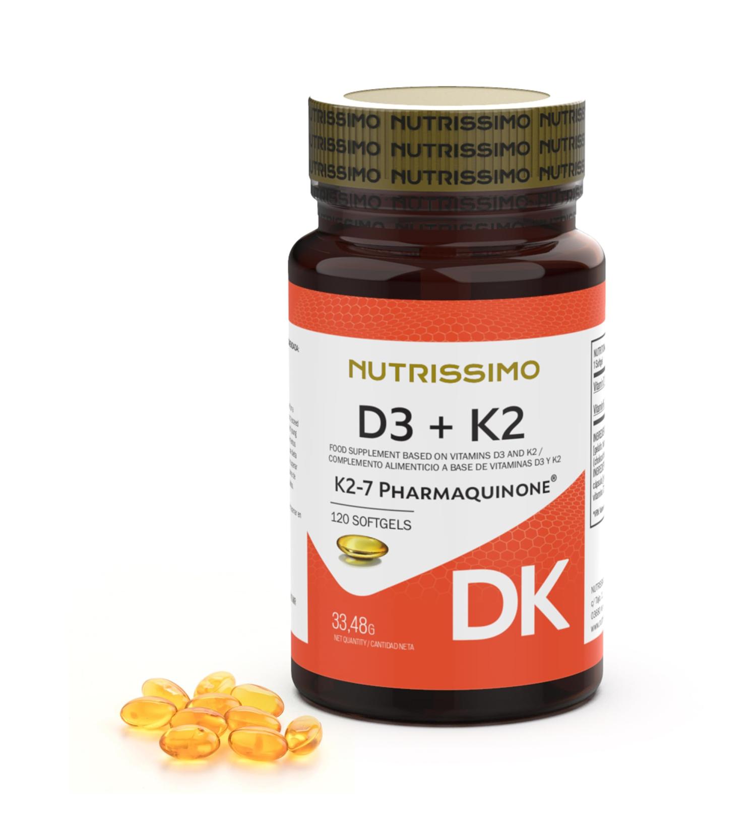 NUTRSSIMO Vitamin D3 K2 | 120 Softgels | 2000 IU D3 + 100 g K2 (K2-7 PHARMAQUINONE ) | Support for Bones Muscles Teeth and the Immune System | Verified by an Independent Lab - Buy Online on GoSupps.com