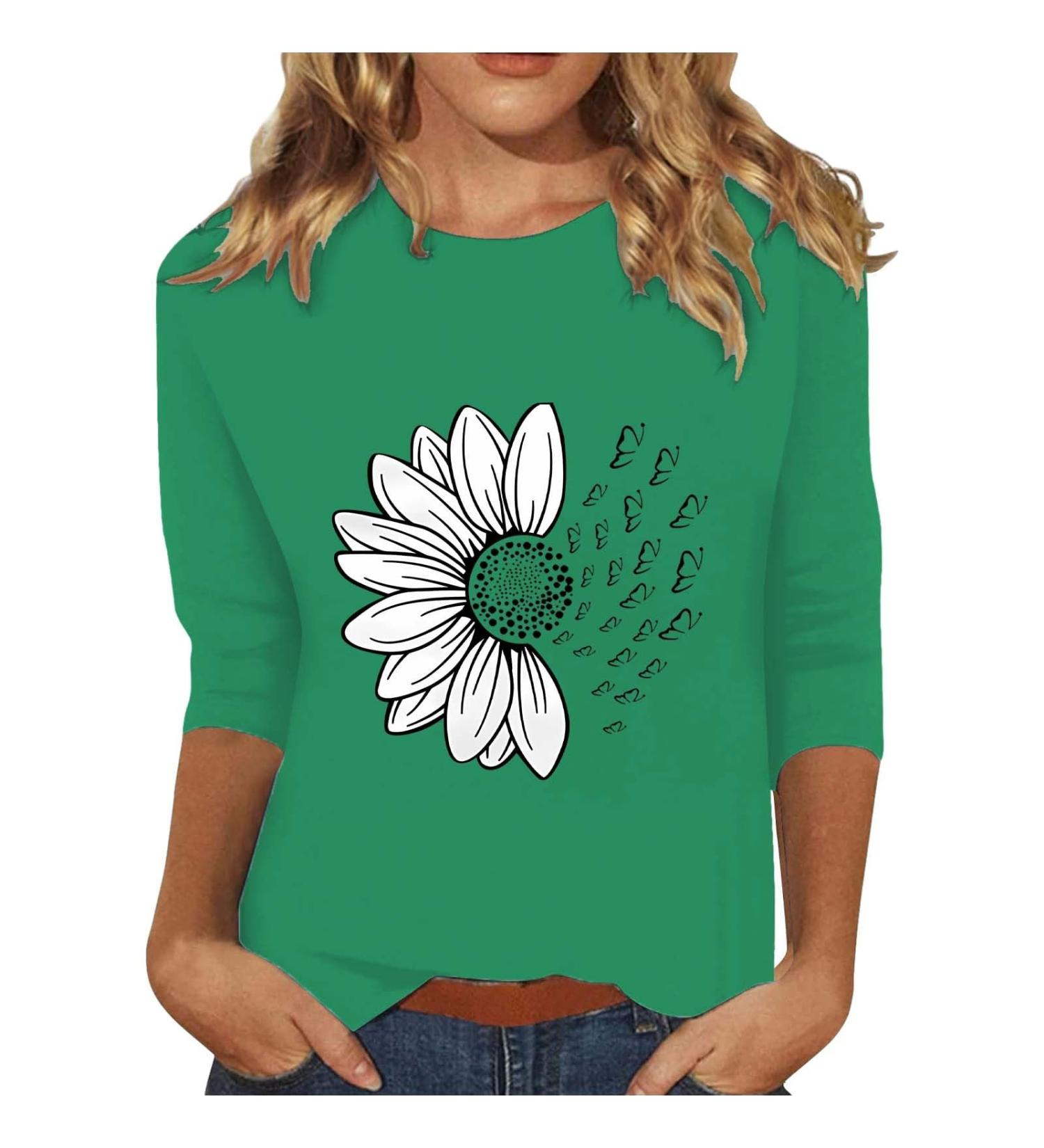 Shop Bijerou Women's Elegant Sunflower Print Cotton Shirt - 3/4 Sleeves Perfect for Training & Styling with White Jeans | International Shipping - Buy Online on GoSupps.com